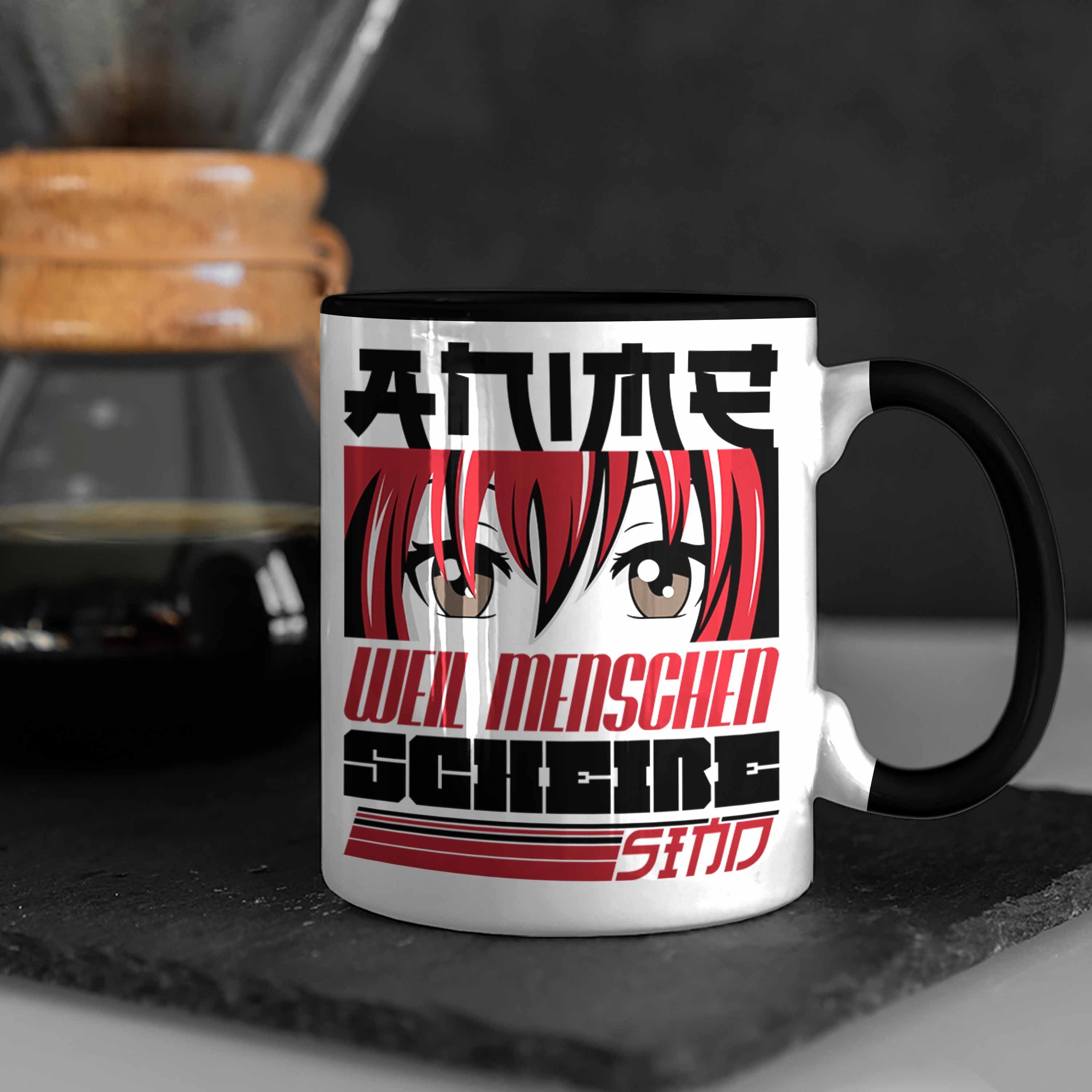 Trendation Menschen Tasse Anime-Liebhaber Tasse Anime Geschenkidee Anime Geschenk Schwarz Weil