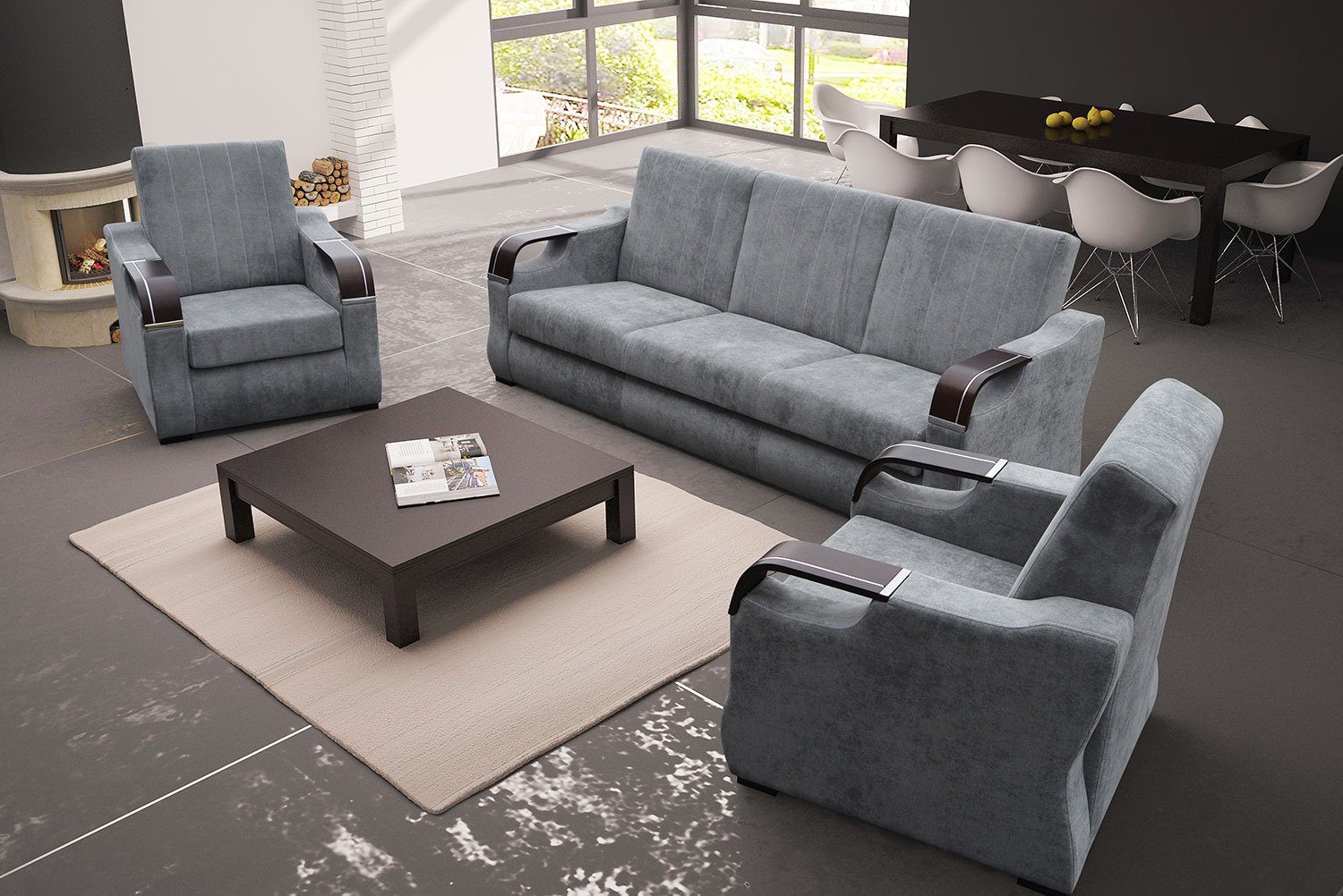& 2 Bergamo, Polstergarnitur Farbe Feldmann-Wohnen wählbar Bettkasten Sessel Schlaffunktion und 3-teilig Sofa grau