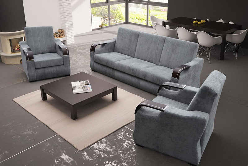 Feldmann-Wohnen Polstergarnitur »Bergamo«, Farbe wählbar 3-teilig bestehend aus Sofa und 2 Sessel mit Schlaffunktion und Bettkasten