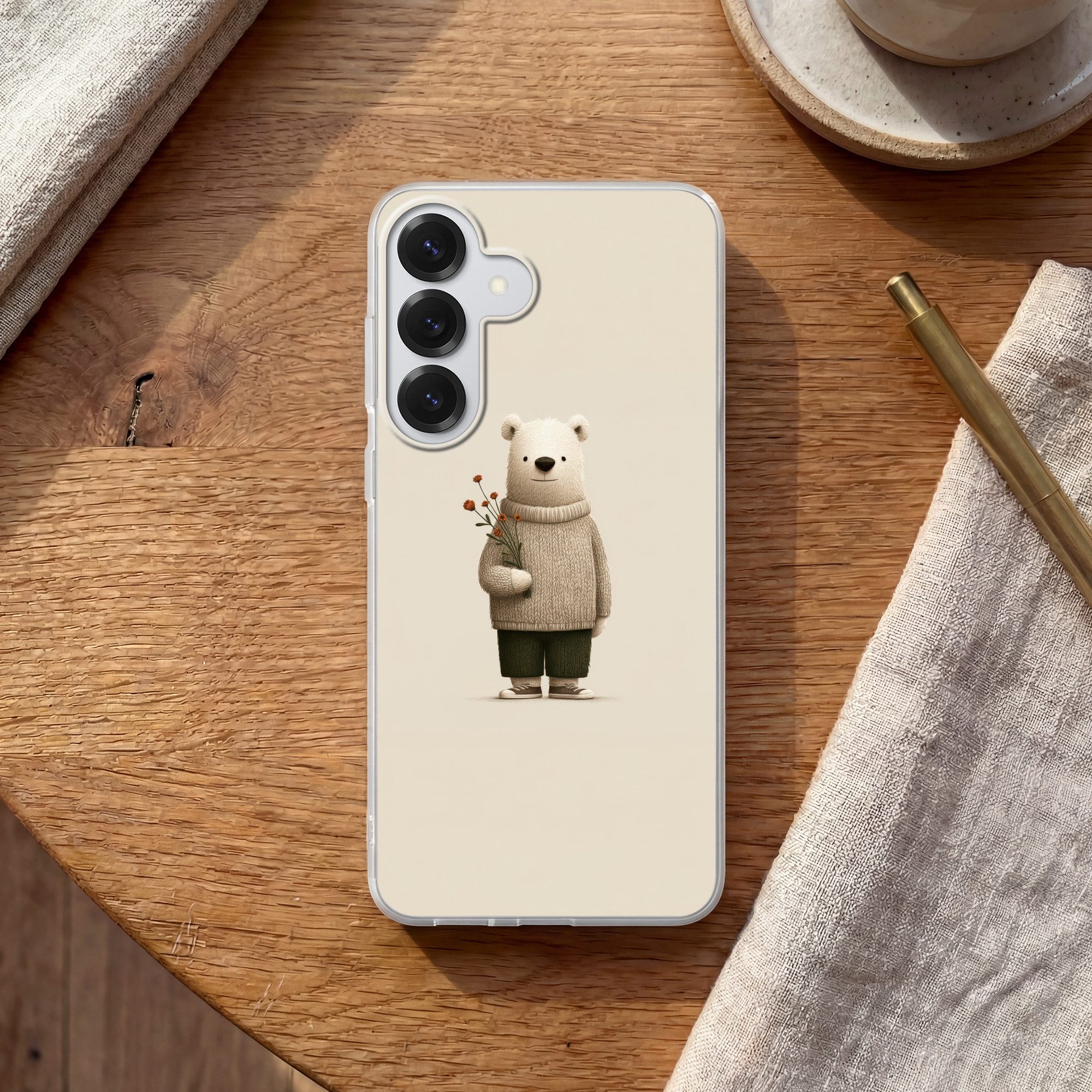 MuchoWow Handyhülle für Samsung Galaxy S26 Plus Teddybär - Orangefarbene Blumen - Freundli, Smartphone-Bumper, Print, Handy Schutzhülle Dünn