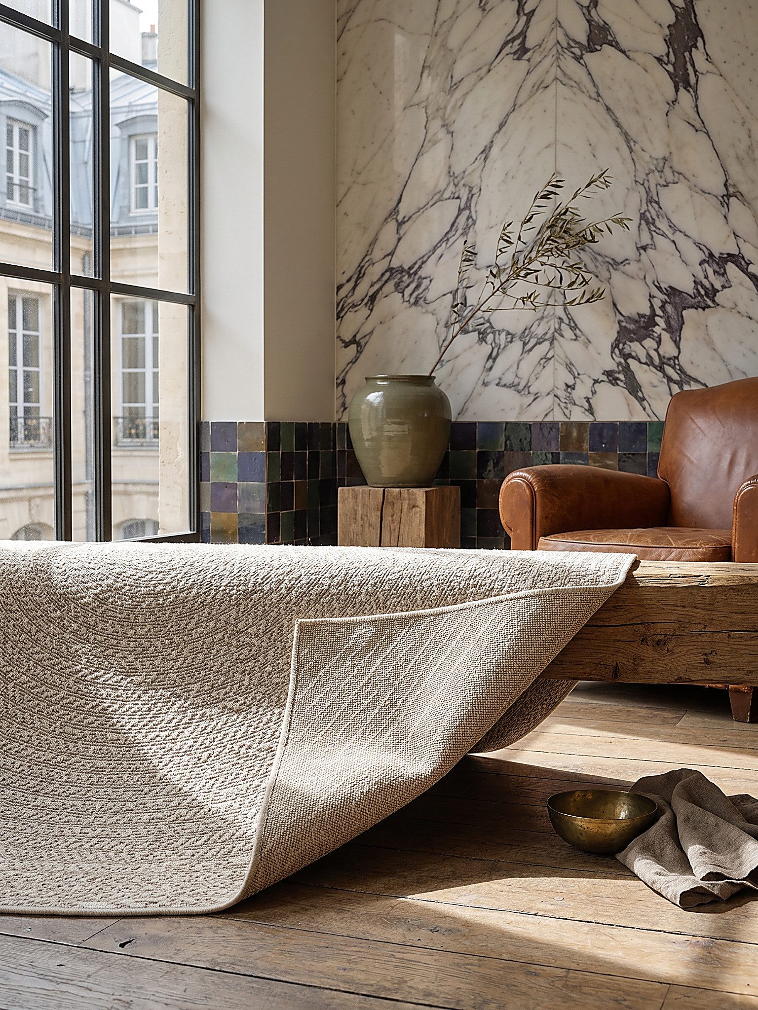 KADIMA DESIGN Teppich CORDEV Rundteppich Creme 80x80 Berber Polypropylen Wohnzimmer, Rund, Höhe: 4 mm, Saugroboter-geeignet, Strapazierfähig, Pflegeleicht, Farb – Bild 4 von 5