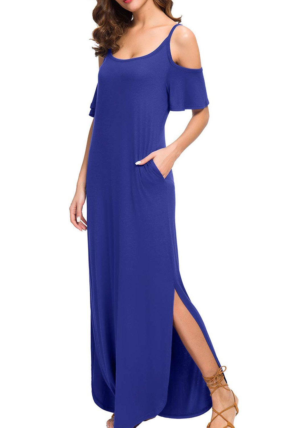 B.X Off-Shoulder-Kleid Off-Shoulder-Kleid Kurzärmliges langes mit VAusschnitt ELASTIC DRESS Frühlingsfarbenes, langes, geschlitztes Strapskleid