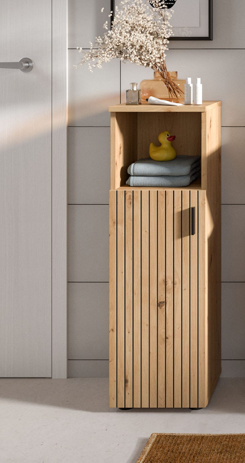 Inn.Furn Badkommode Livia (Badschrank in Eiche Artisan mit Leistenoptik, 30 x 95 cm), Türanschlag wechselbar – Bild 5 von 5