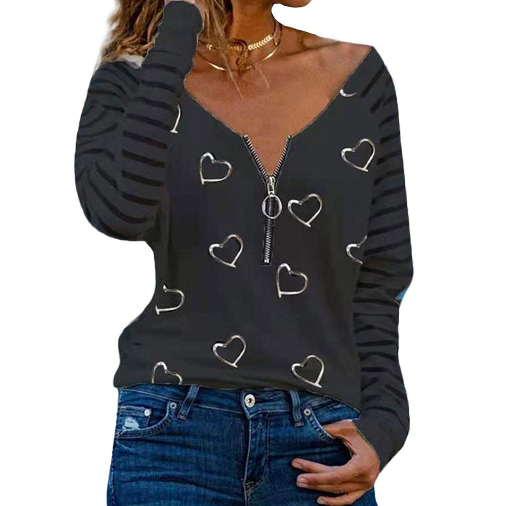 Schwarz Spitzenshirt Langarmshirt Langarm DEBAIJIA C Reißverschluss - V-Ausschnitt Damen Tops DEBAIJIA