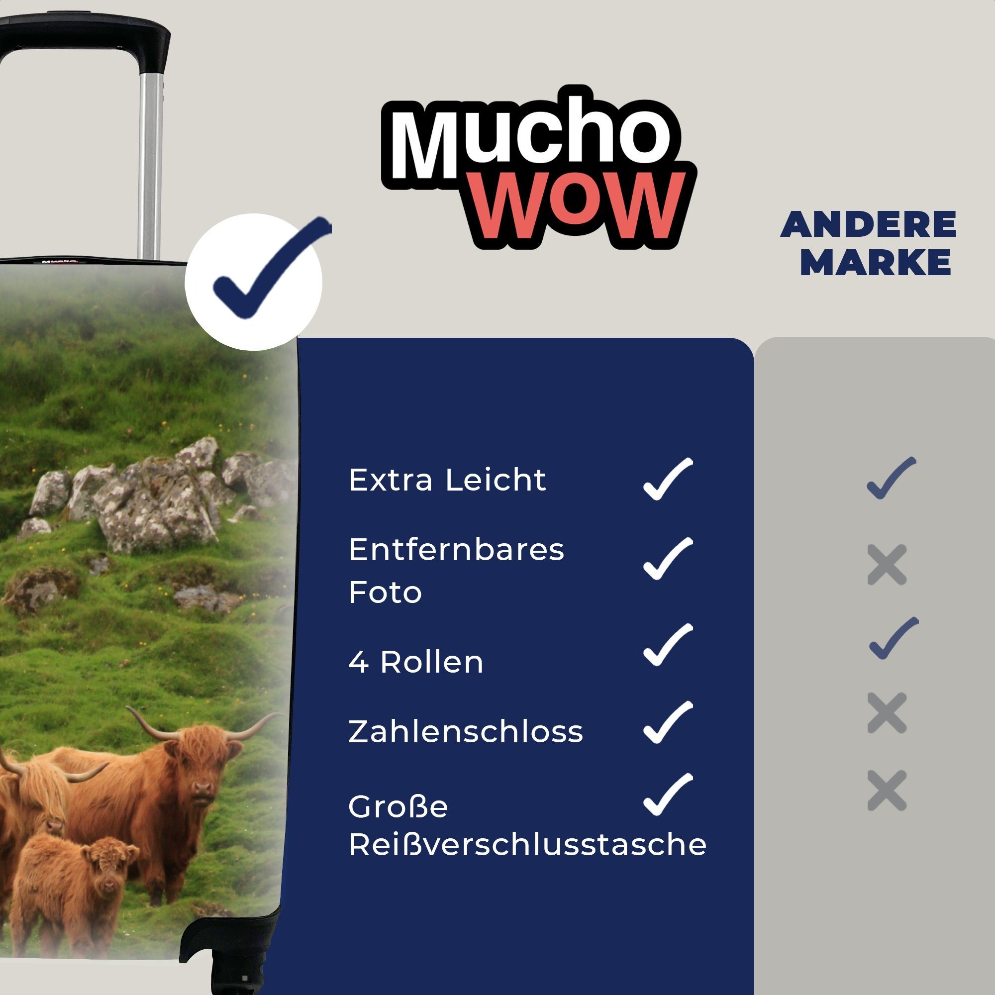 MuchoWow Handgepäckkoffer Rollen, 4 Reisekoffer für rollen, mit Handgepäck Ferien, Reisetasche Trolley, Schottische Highlander-Familie