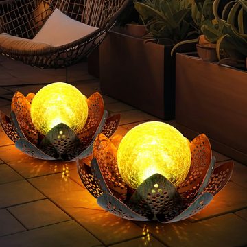 Globo LED Solarleuchte, LED-Leuchtmittel fest verbaut, Kaltweiß, LED Solar Lotus Blume Deko Lampe Kugel Crackle-Glas Außen