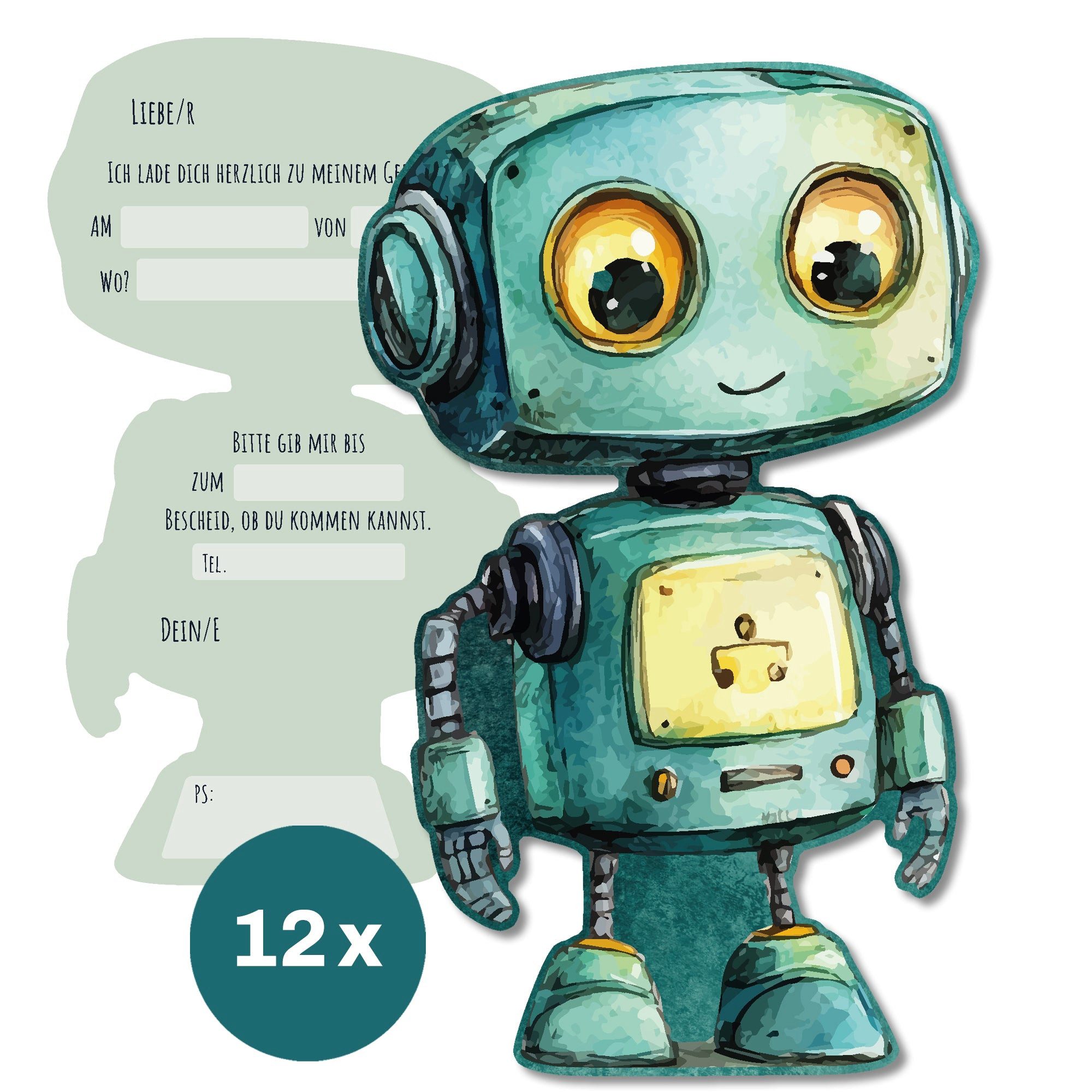 CUPCAKES & KISSES Einladungskarten 12x Roboter Einladungskarten Kindergeburtstag für Mädchen & Jungen