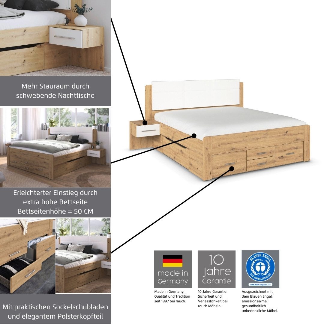 rauch Bettanlage Doppelbett Komfortbett Funktionsbett Liegefläche 180x200 WEINGARTEN, (Set, 3-tlg., B/H/T/: 265/118/210 cm, Nachttische mit SOFT-CLOSE-FUNKTION), 6 Bettschubladen mit viel Stauraum, 2 Hängenachttische MADE IN GERMANY