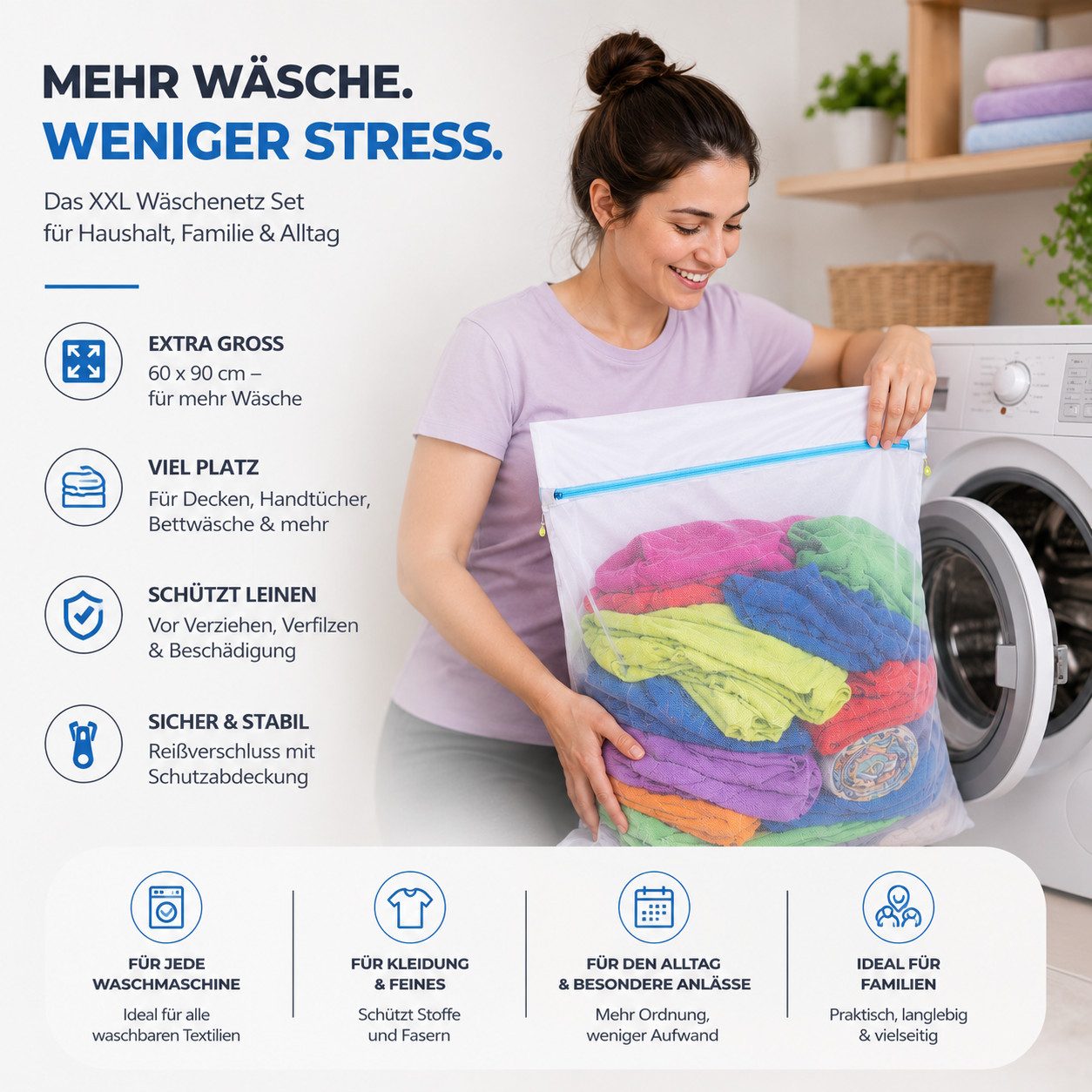 Everhomely® Wäschenetz 2x XXL Wäschenetz Set 60x90 cm - Waschsack mit Reißverschluss,(Set, 2-St., 2 Stück), XXL Größe - 60 x 90 cm