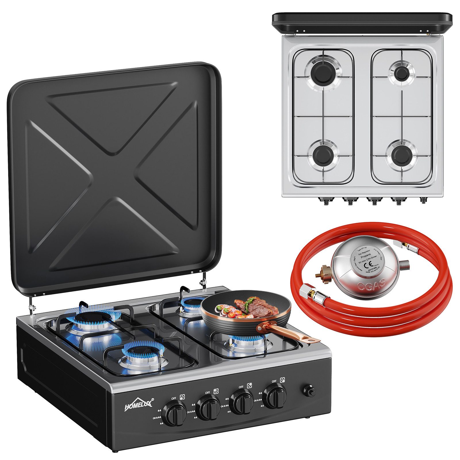 HOMELUX Gaskocher Campingkocher, 3/4/5 Flammig Gasherd Kochfeld, Campingkocher mit 1,5M Anschlussschlauch und Druckminderer 50 mbar