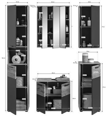 möbelando Badezimmer-Set Missoula, Modernes Badezimmer-Set, Korpus in "Nox Oak", Front aus in Basalt Grau mit abgesetzter Rillenoptik in Nox Oak, bestehend aus Hänge-, Unterbecken-, Unter-, Spiegel- und Hochschrank, inkl. Beleuchtung, Individuelles Stellmaß