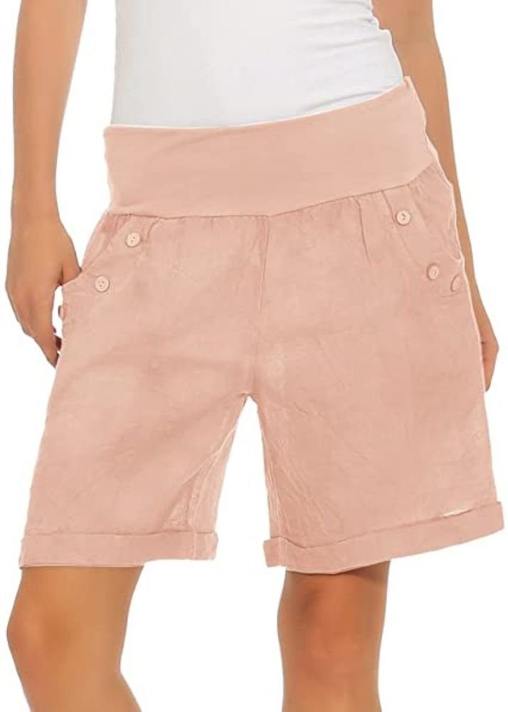 Mississhop Leinenhose Damen Shorts Leinenshorts in elastischem Lachsfarbe Bermuda Leinen 280 Hose Bund, % kurze mit 100 Unifarbe