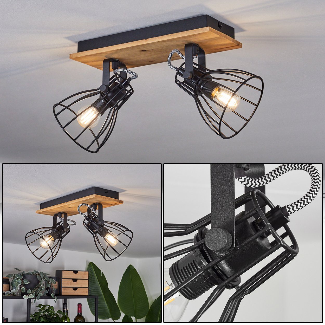 hofstein Deckenleuchte »Galligianesi« moderne Deckenlampe aus Metall/Holz in Schwarz/Natur, ohne Leuchtmittel, verstellbar, mit Lichteffekt, E14