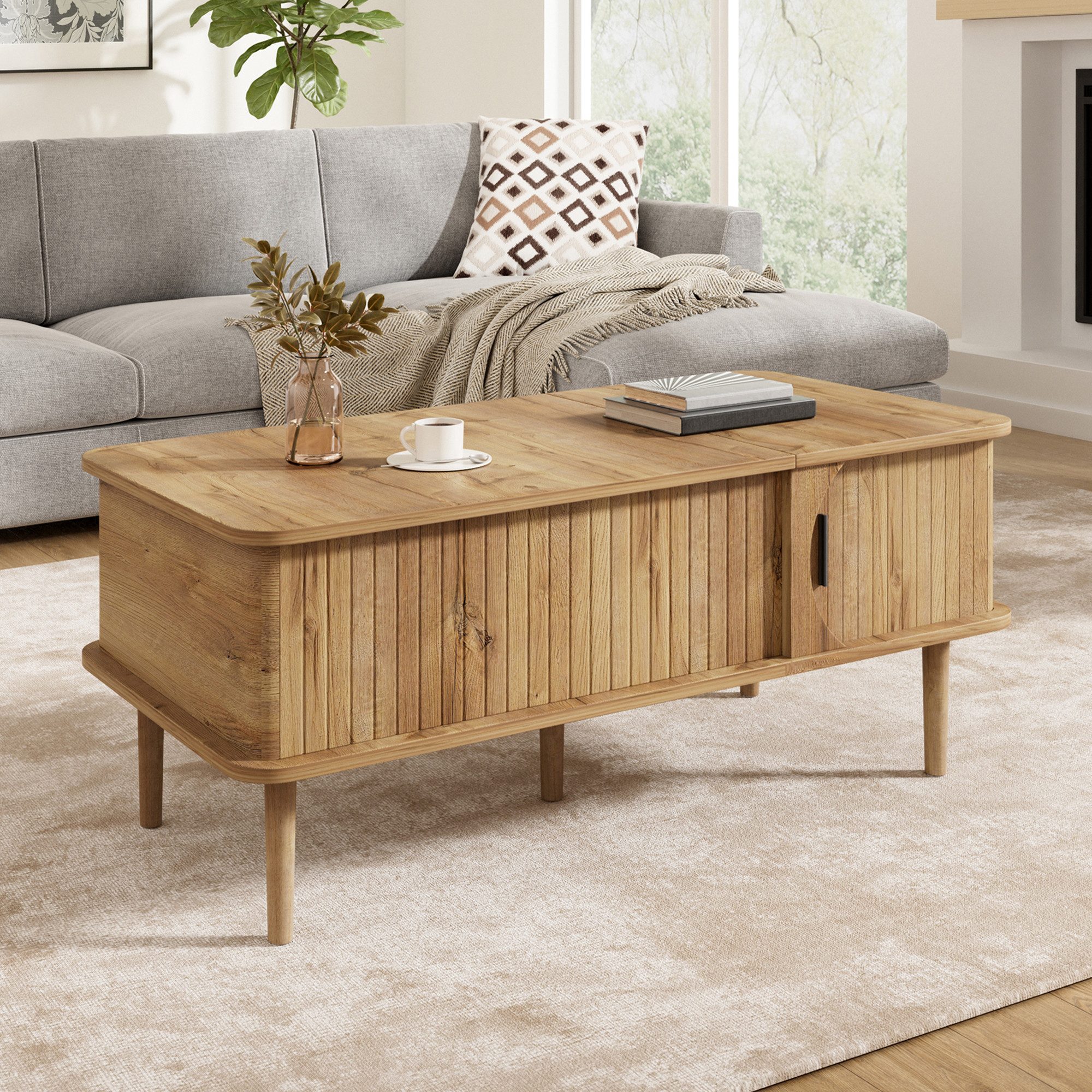 Merax Couchtisch höhenverstellbar Sofatisch Walnuss Retro Beistelltisch (100 x 48 x 55,5 cm, 1-St), Wohnzimmertisch mit Schiebetür, Holzbeinen & Stauraum – Bild 3 von 5