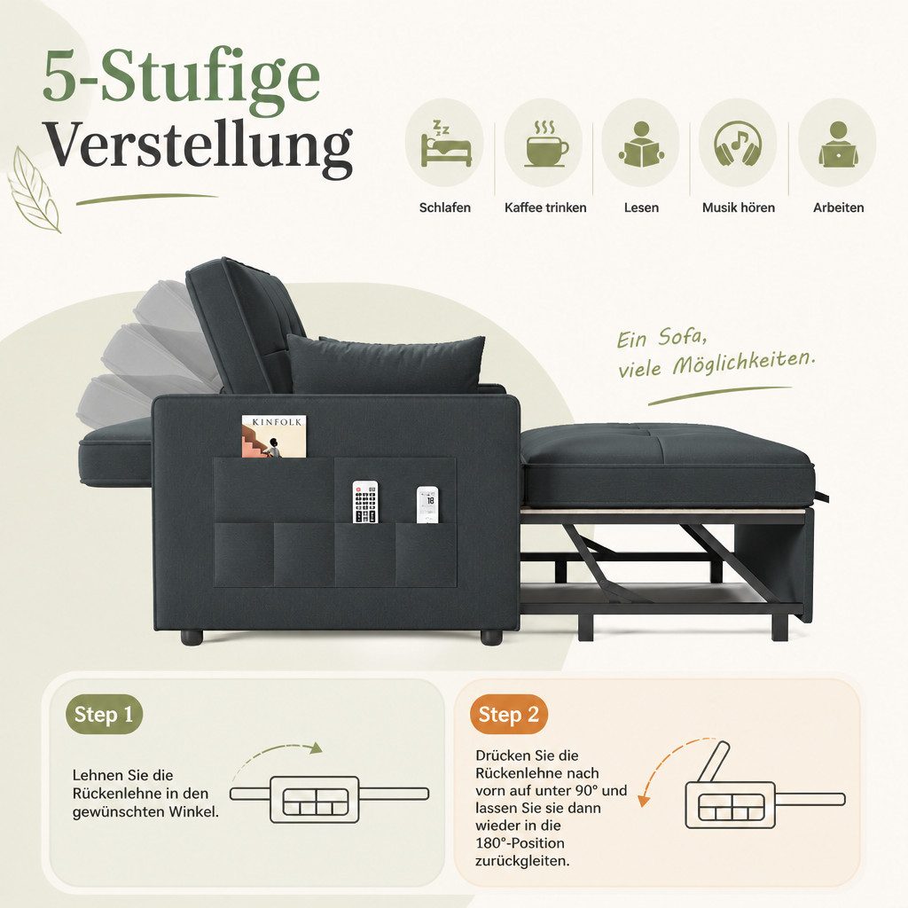 AMERLIFE Schlafsofa mit 5-stufiger Verstellung, 3-in-1, Dunkelgrau, 1 Teile, Verstellbare Kopfstütze – Bild 5 von 5