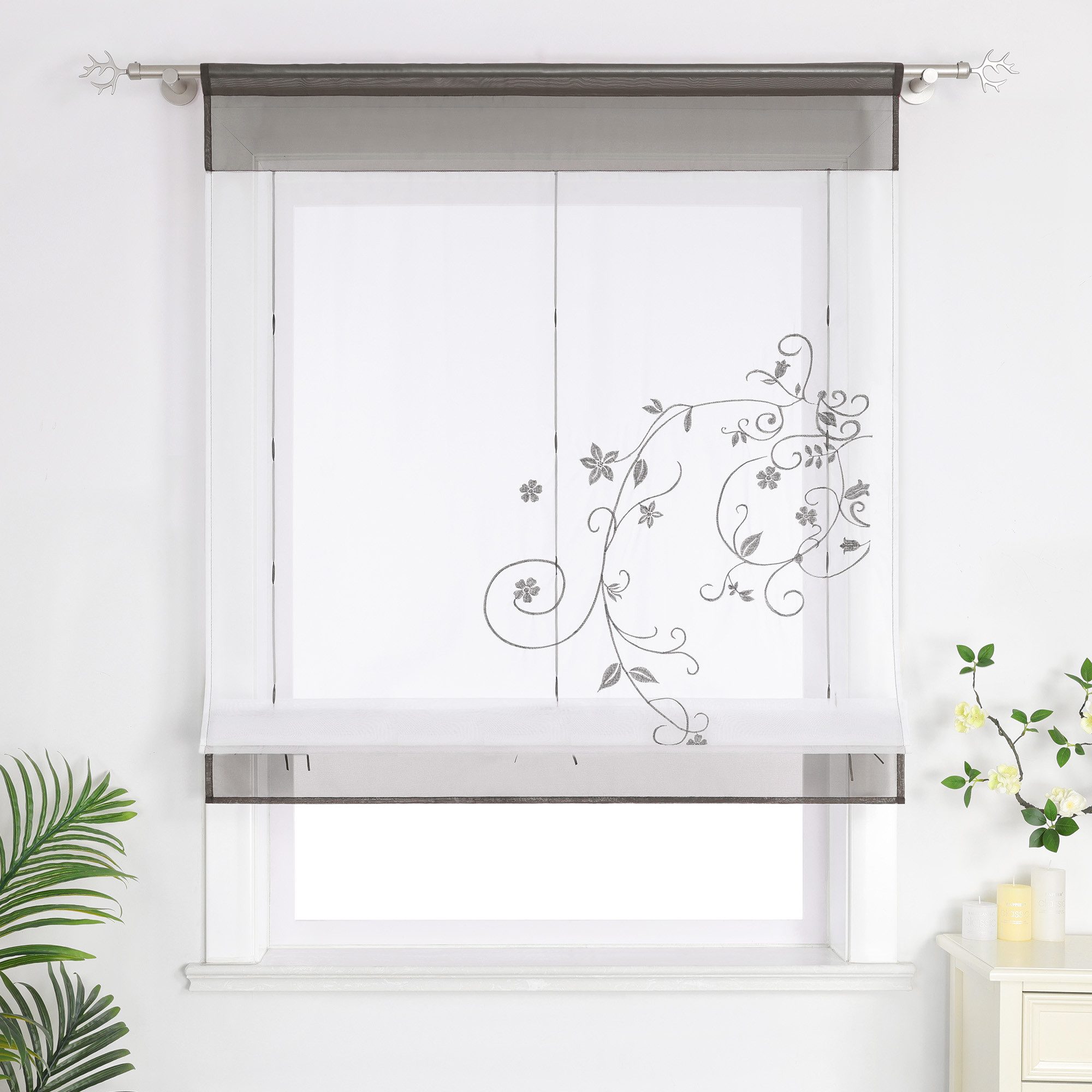 Joyswahl Raffrollo, mit Stangendurchzug, Voile Raffgardinen mit Blumen-Stic günstig online kaufen