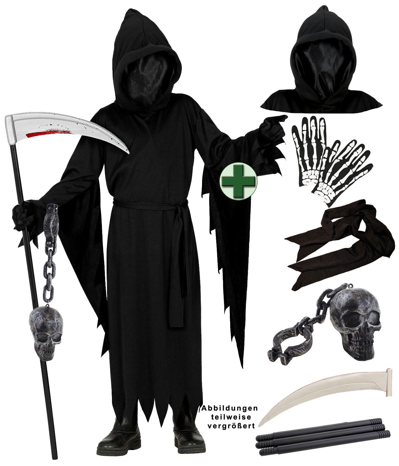 Karneval-Klamotten Kostüm Sensenmann Kinder Jungen Halloweenkostüm Umhang, Halloween Kapuzenumhang schwarz mit unsichtbarer Maske Sense Totenkopf
