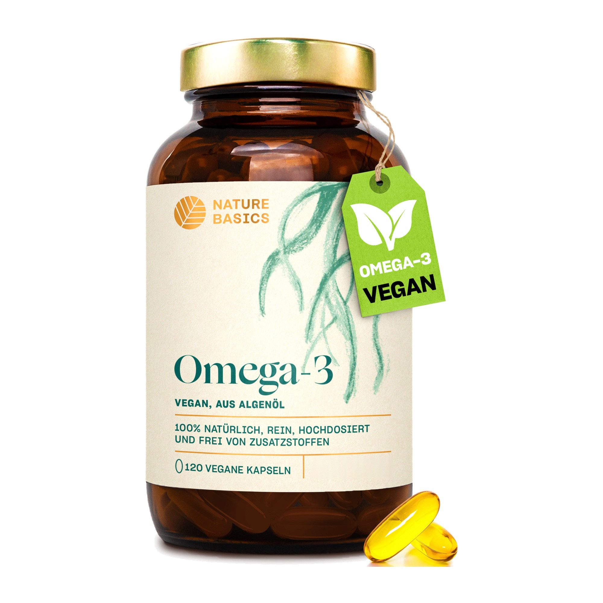 Nature Basics Hochwertiges Omega 3 Algenöl 830mg Vegan Kapseln, kein Fischöl, hochdosiert mit 830 mg Algenöl, 250 mg DHA, 125 mg EPA à 120 St., 142 g