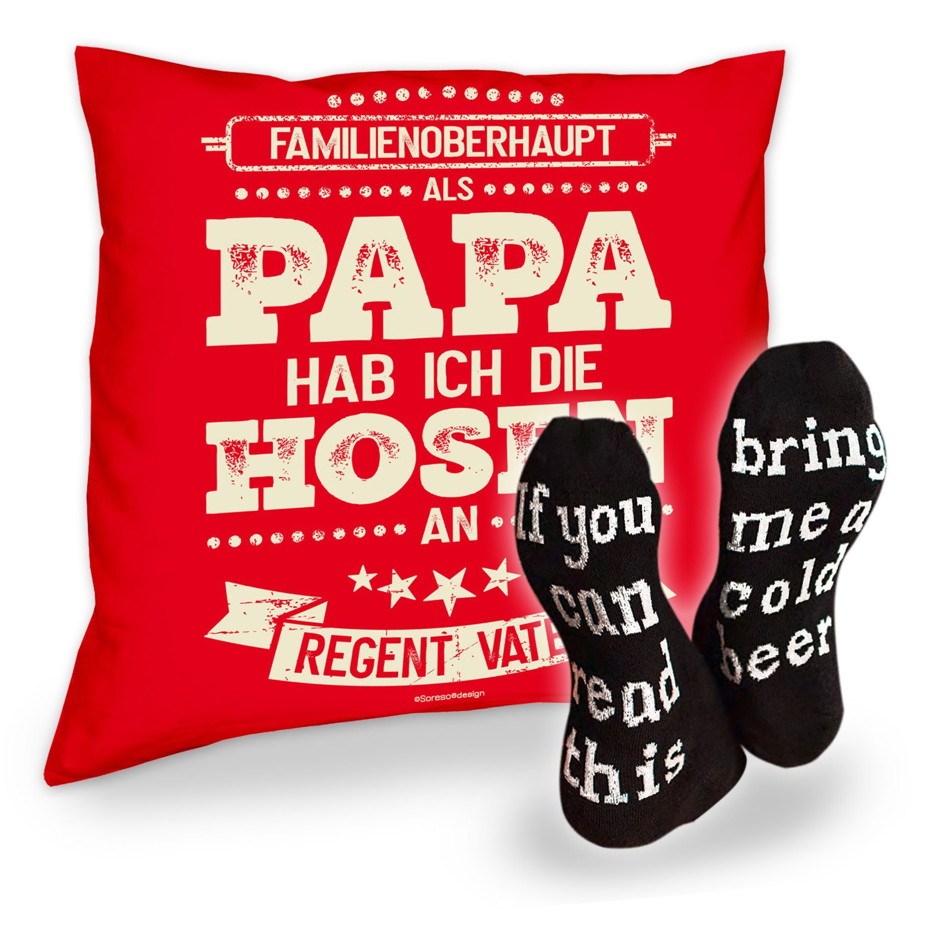 Soreso® Dekokissen Kissen Als Papa hab ich die Hosen an und Socken mit Bier Spruch, Geschenke für Väter Geschenkidee rot