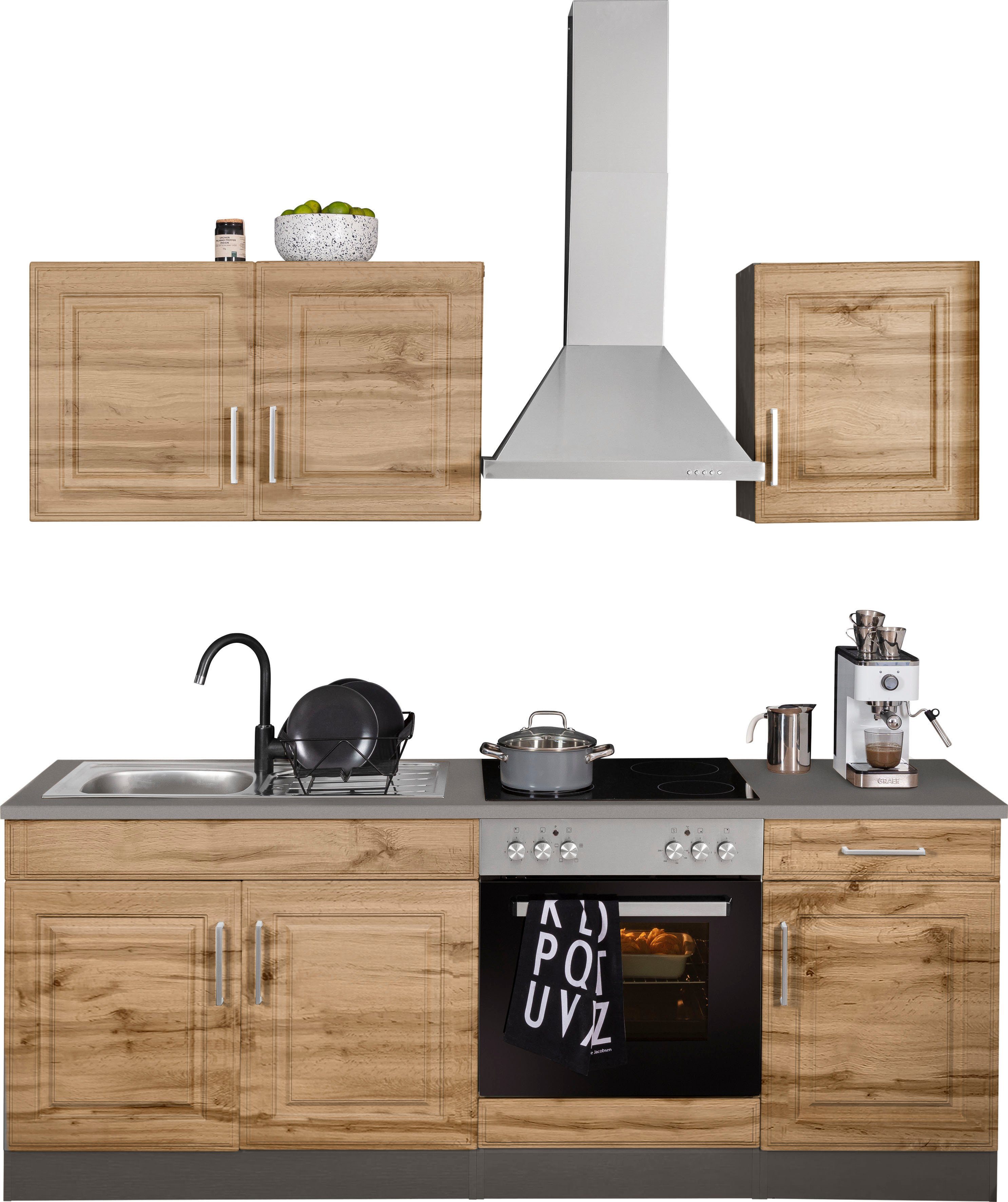 KOCHSTATION Küchenzeile KS-Stockholm, Breite 210 cm, mit hochwertigen MDF Fronten im Landhaus-Stil