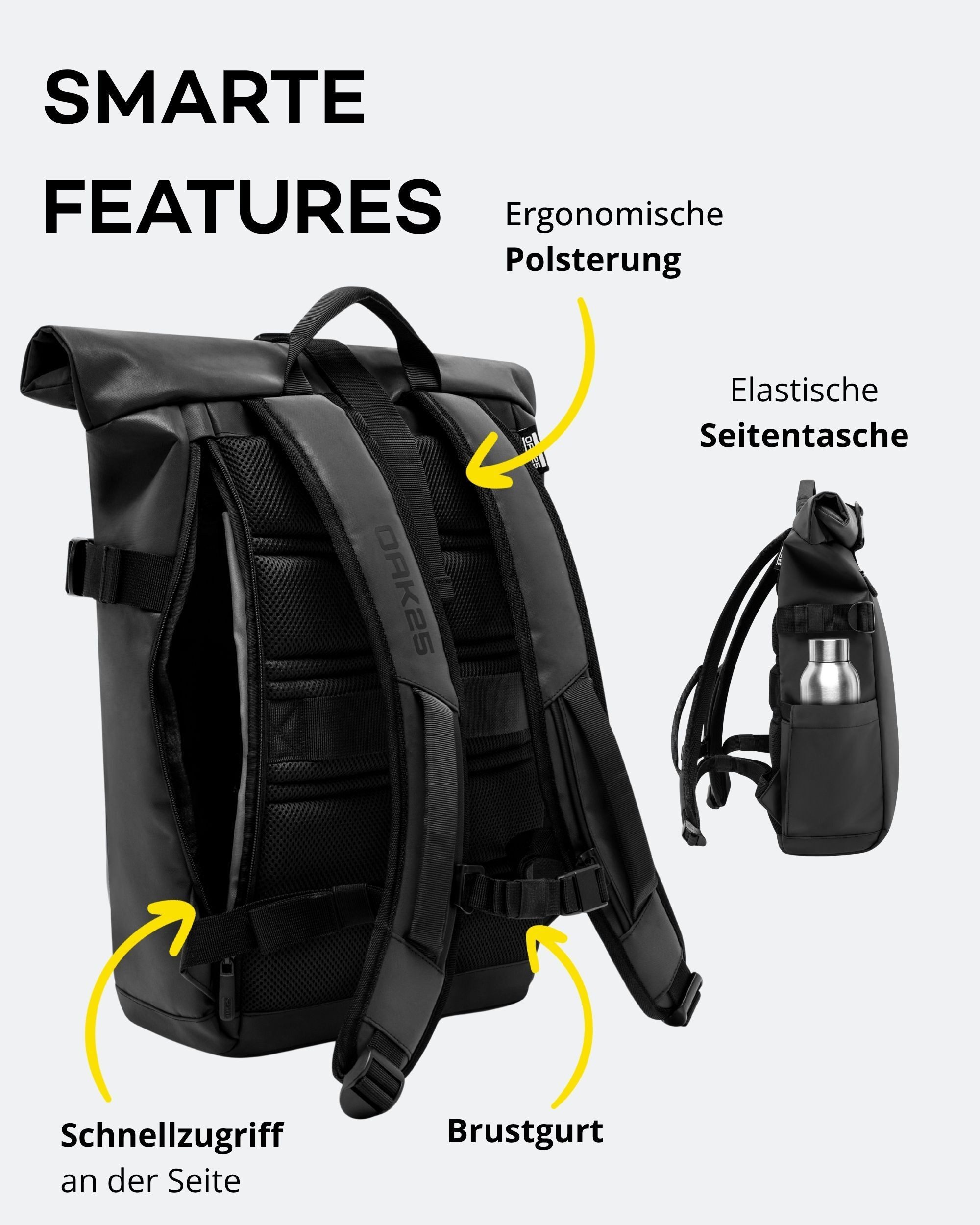 OAK25 Cityrucksack Luminite Rolltop Lite Rucksack reflektierend (1-tlg), Roll Top Backpack mit Laptopfach bis 16 Zoll, wasserabweisend