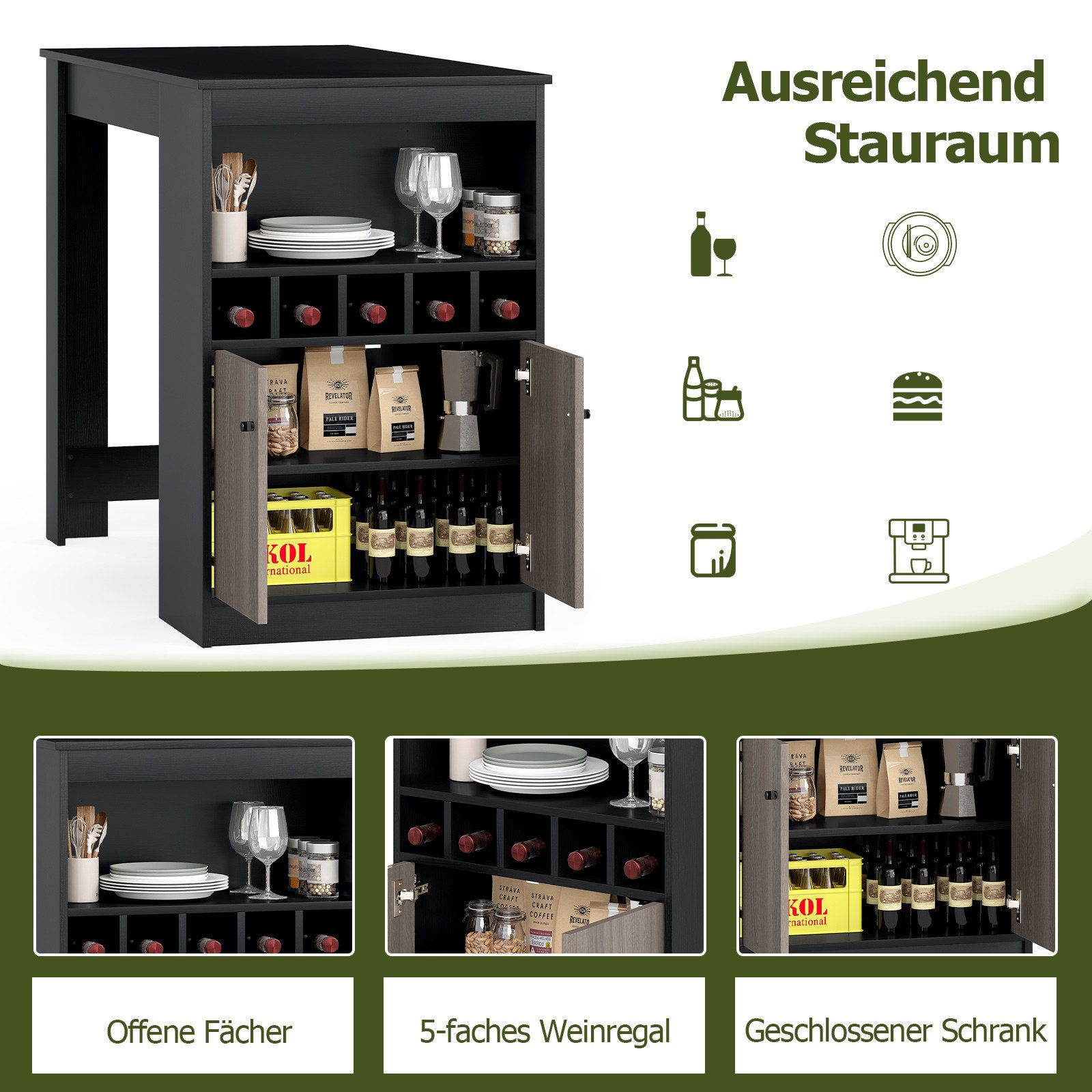COSTWAY Bartisch, Küche, Tresentisch mit Weinregalen, Stauraum, 120cm