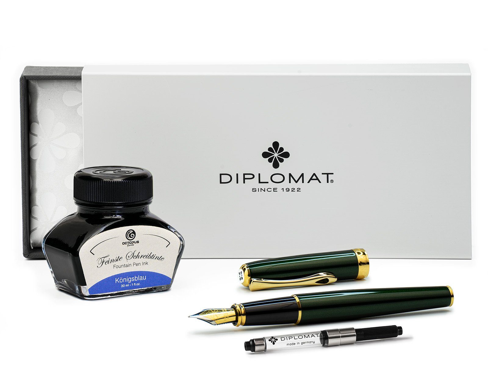 DIPLOMAT Füllhalter Excellence A2 Evergreen vergoldet mit Schreibtinte, (Spar-Set mit Tintenkonverter und Schreibtinte Königsblau von Octopus Fluids), MADE IN GERMANY