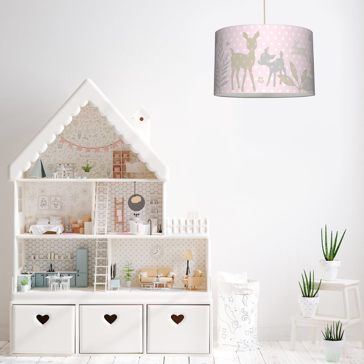 lovely label Pendelleuchte Lampe Hängelampe, & - wechselbar, Kinderzimmer Rehe Häschen LED Warmweiß rosa