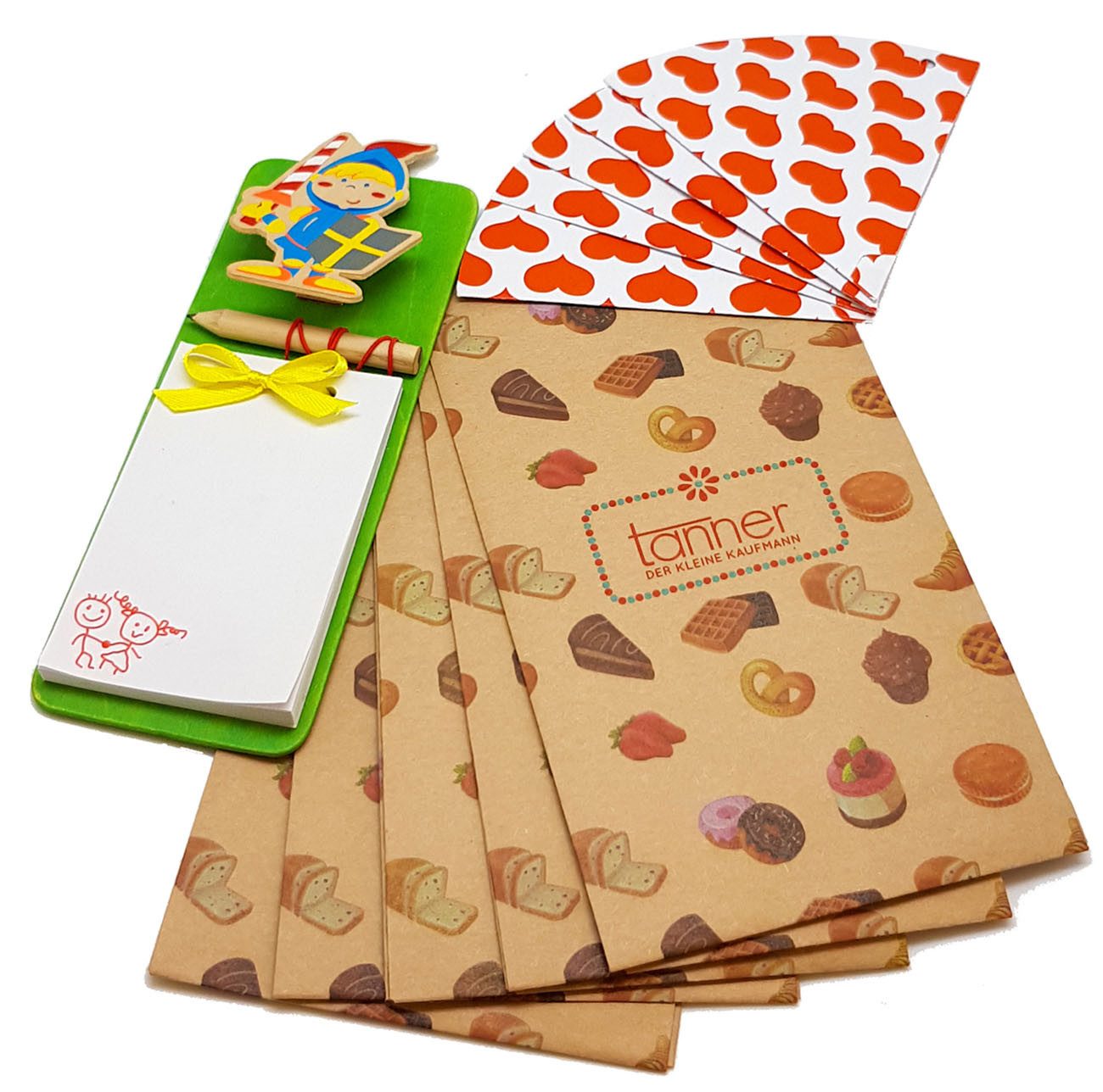 Chr. Tanner Kaufladensortiment Spitztüten & Einkaufstüten Set mit Block für Kaufladen, (0-tlg), Block zum Notieren, Tüten mit verschiedenen Motiven