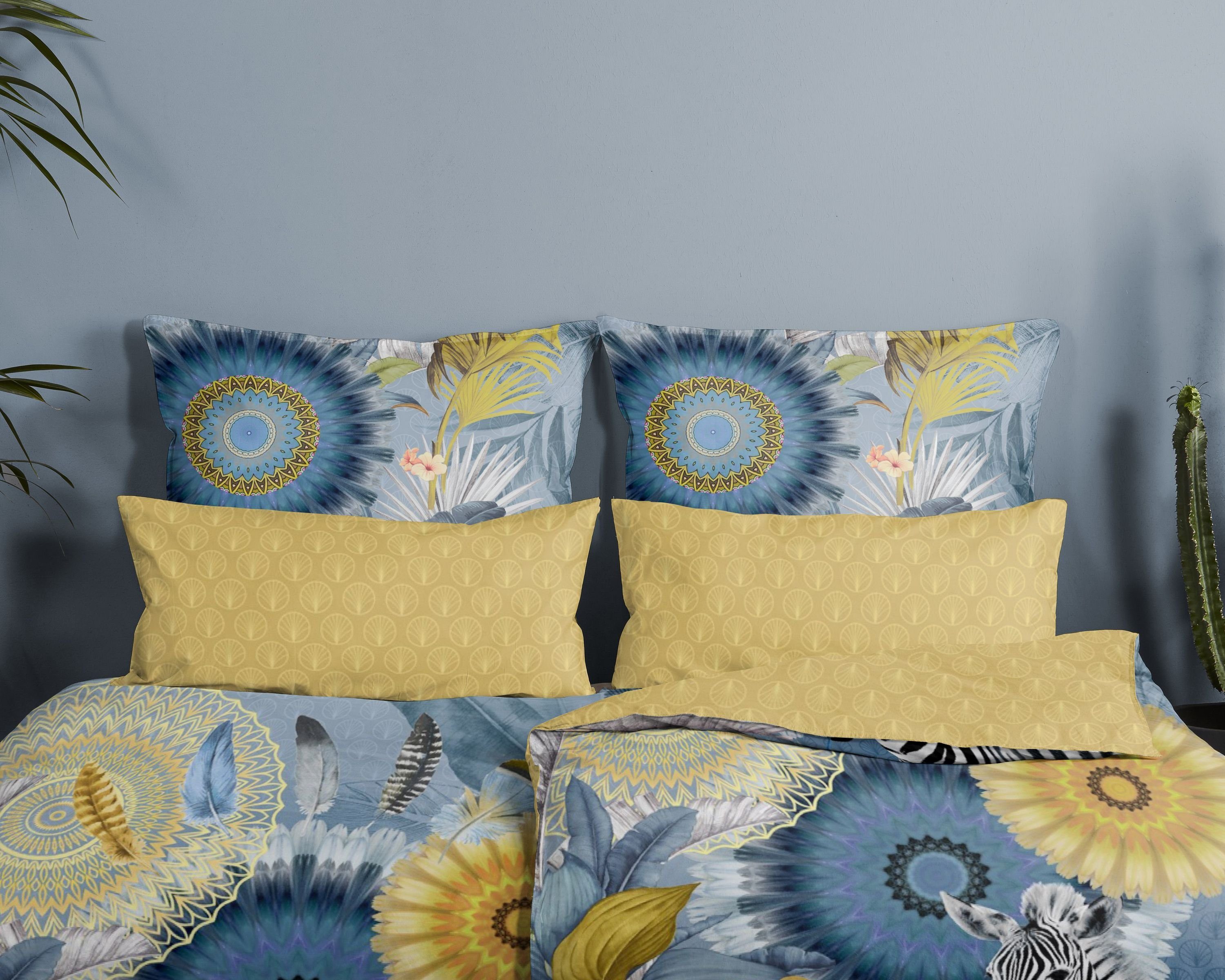 Traumschloss Bettwäsche Baumwolle, Satin, 2 teilig, blaue, gelbe Mandalas mit Zebra