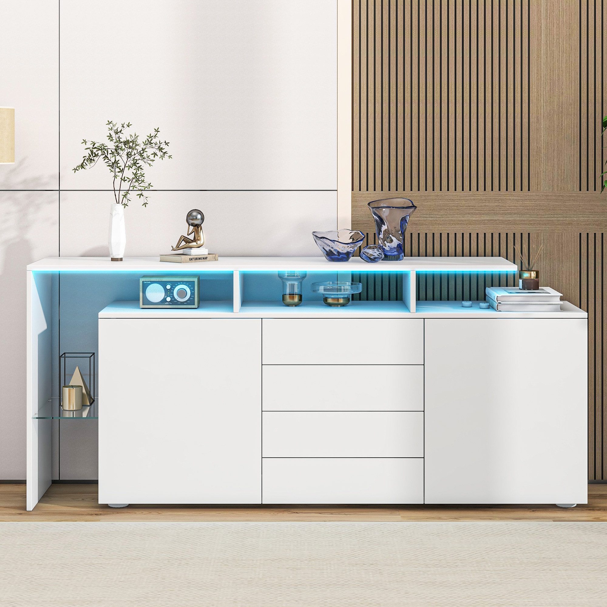 Sideboard Beistellschrank mit 4 Schubkästen& 2 Tür,Buffetschrank mit LED