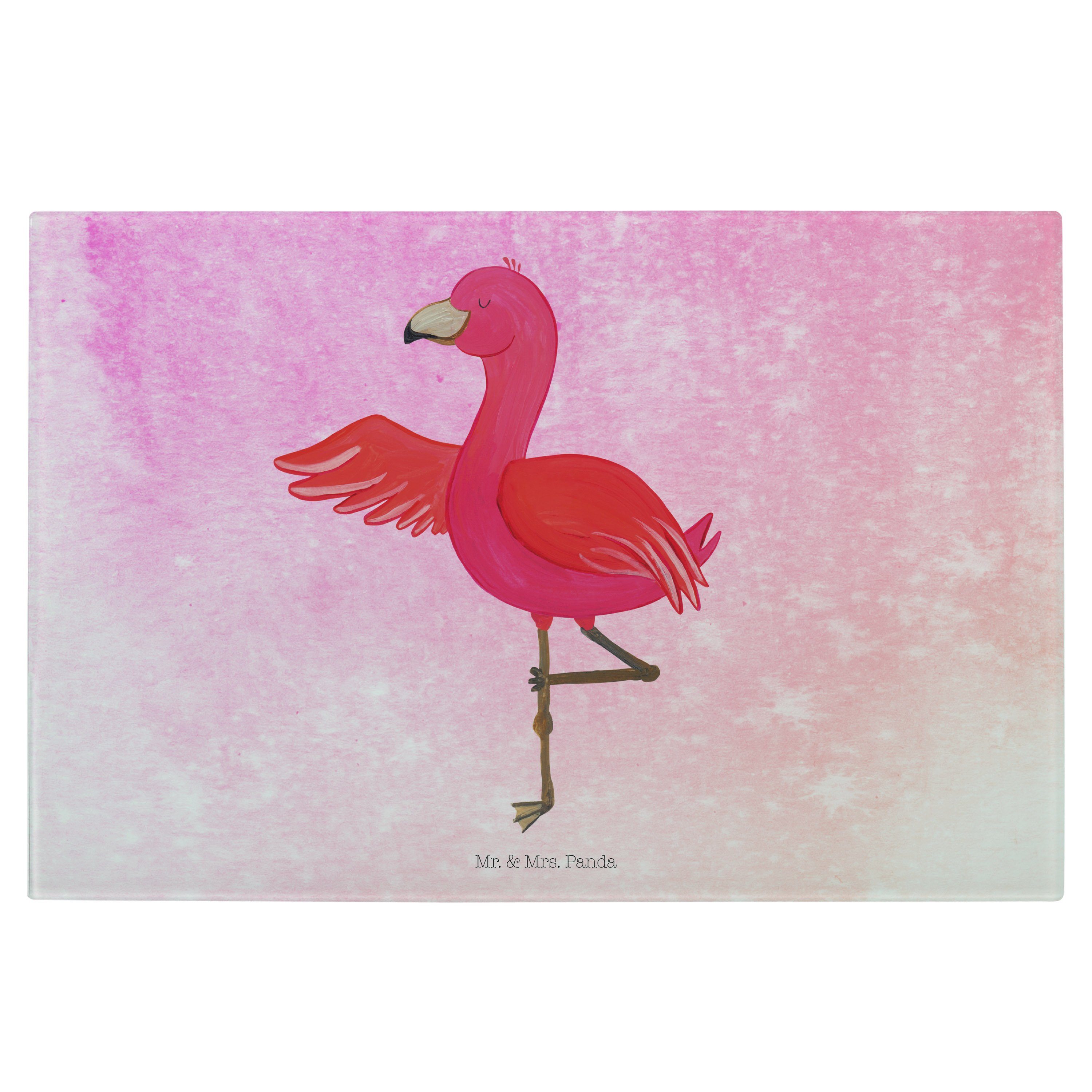 Mr. & Mrs. Panda Servierbrett Flamingo Yoga - Aquarell Pink - Geschenk, Baum, Ärger, Yoga Urlaub, A, Premium Glas, (1-St)