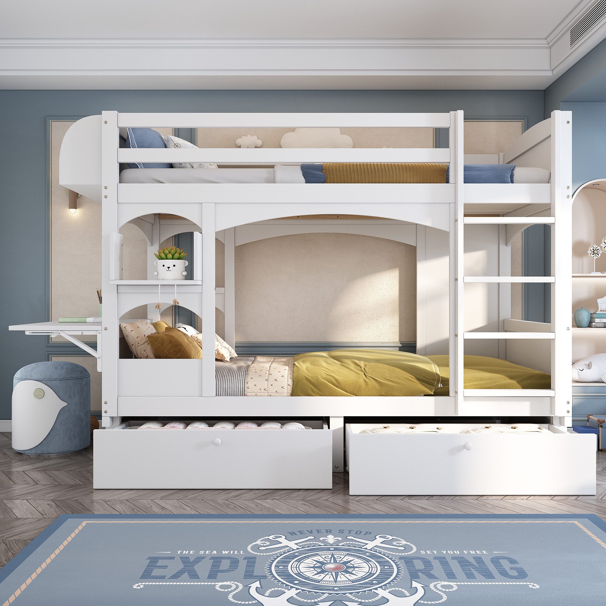Flieks Etagenbett, Kinderbett mit klappbarem Schreibtisch, Regal, 2 Schubla günstig online kaufen
