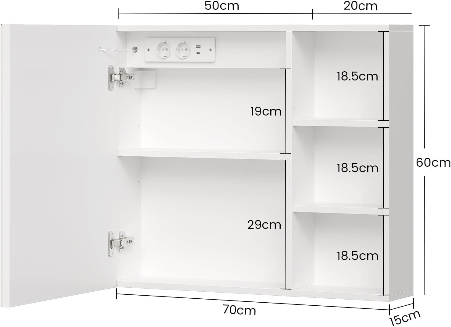 MSMASK Badezimmerspiegelschrank mit LED-Beleuchtung, HD-Spiegel, Touch-Schalter, 3 Lichtfarben (1-St) Spiegelschrank mit Steckdose und verstellbaren Regalen, 70 – Bild 2 von 5