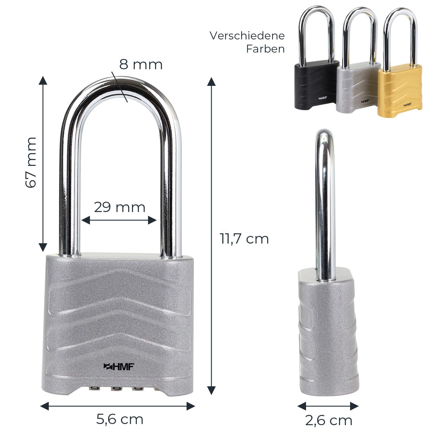 HMF Vorhängeschloss Zahlenschloss Vorhängeschloss mit hohem Bügel, robustes Schloss mit, 4-stelligem Zahlencode Aluminiumlegierung, 5,6 x 2,6 x 11,7 cm, Silber – Bild 5 von 5
