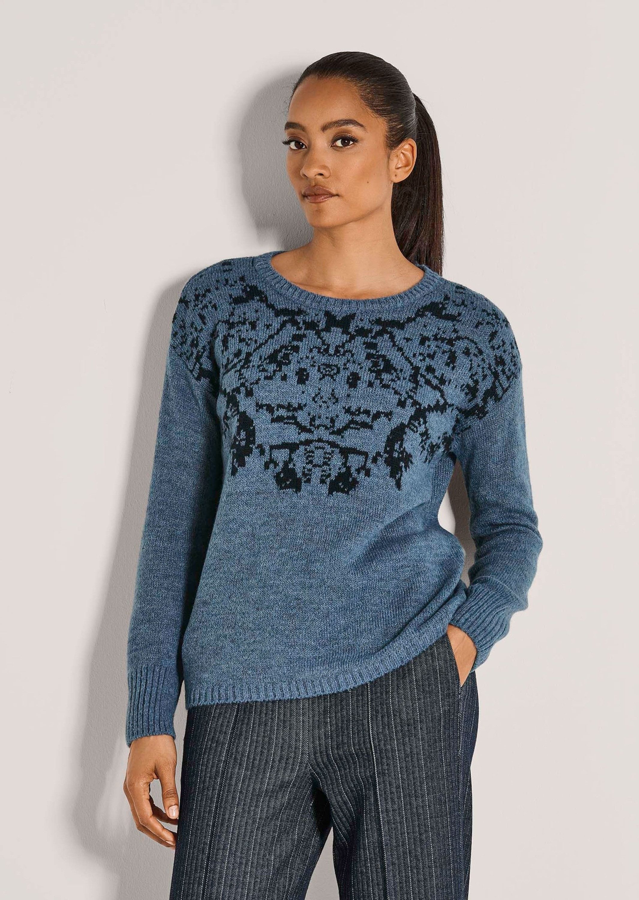 MADELEINE Strickpullover Eleganter Jacquard-Pullover mit Rundhals  Winterpullover mit formstabilem Rippstrick und langen Ärmeln