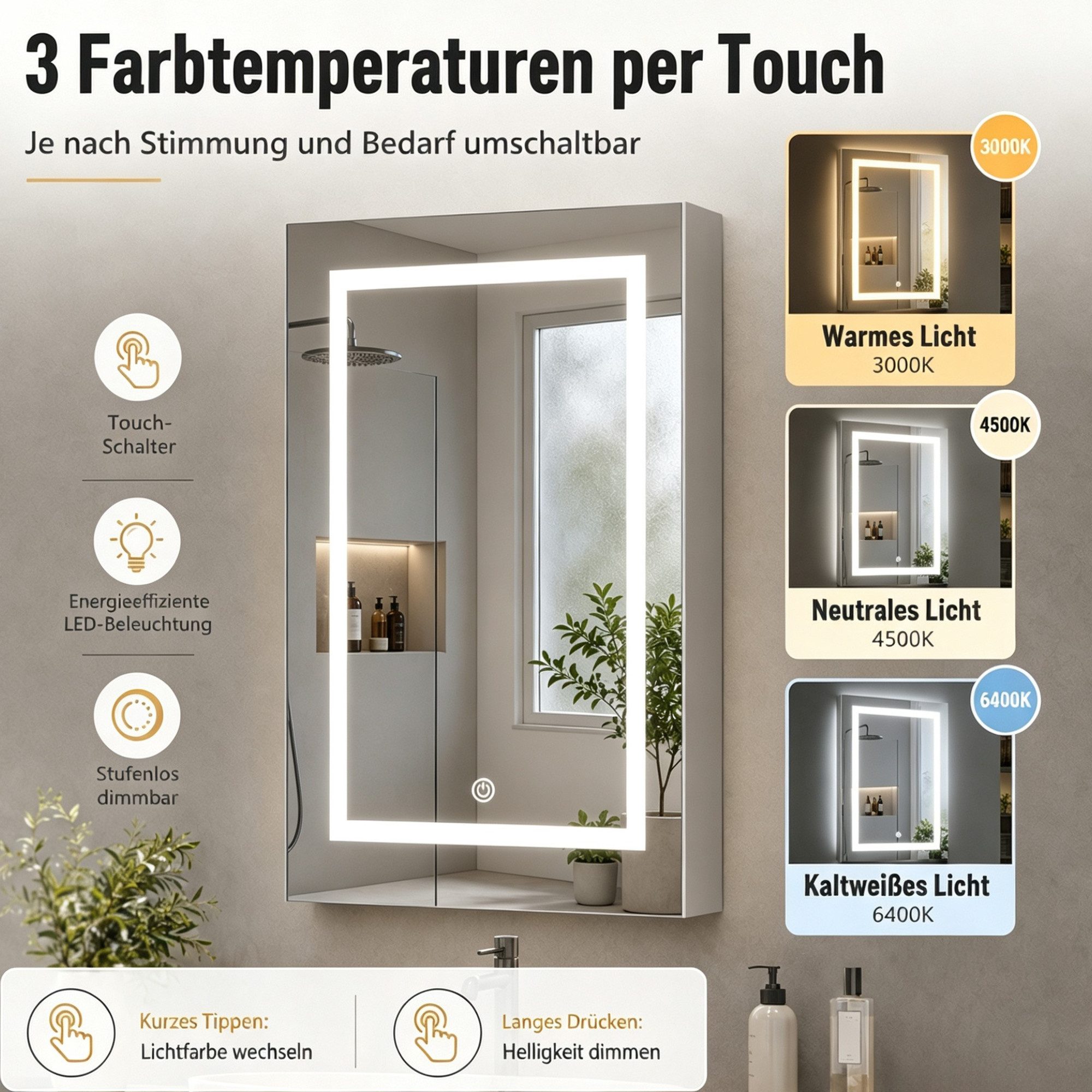 Simurq Spiegelschrank Badezimmerspiegelschrank mit LED-Beleuchtung Hängeschrank, 1/2-Türer Badspiegel mit verstellbaren Regalen, 3 Farbtemperaturen Dimmfunktion