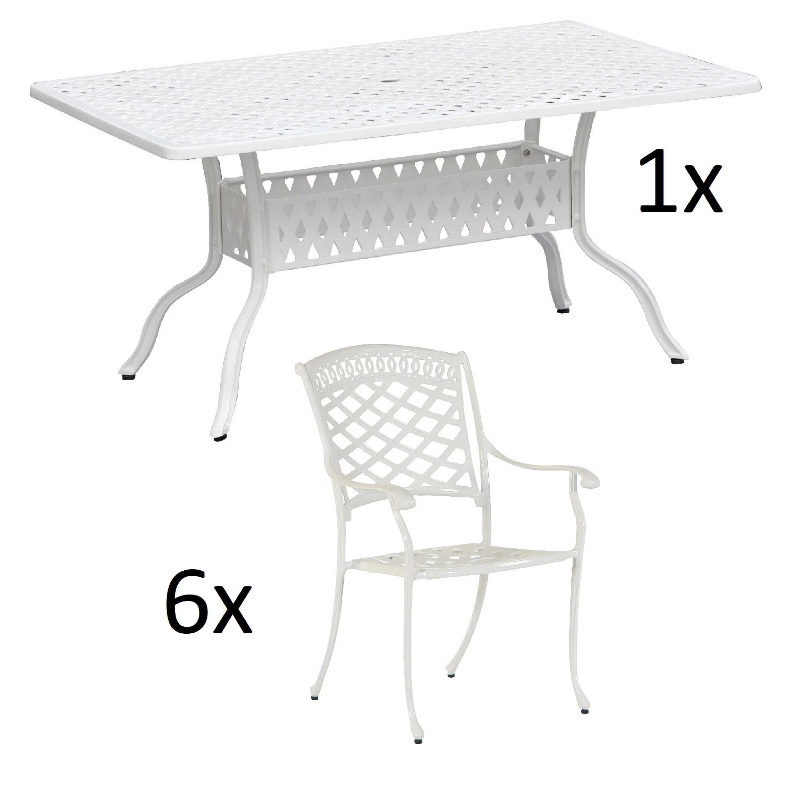 Inko Sitzgruppe Inko 7-teilige Sitzgruppe Alu-Guss weiß Tisch 150x97x74 cm cm mit 6