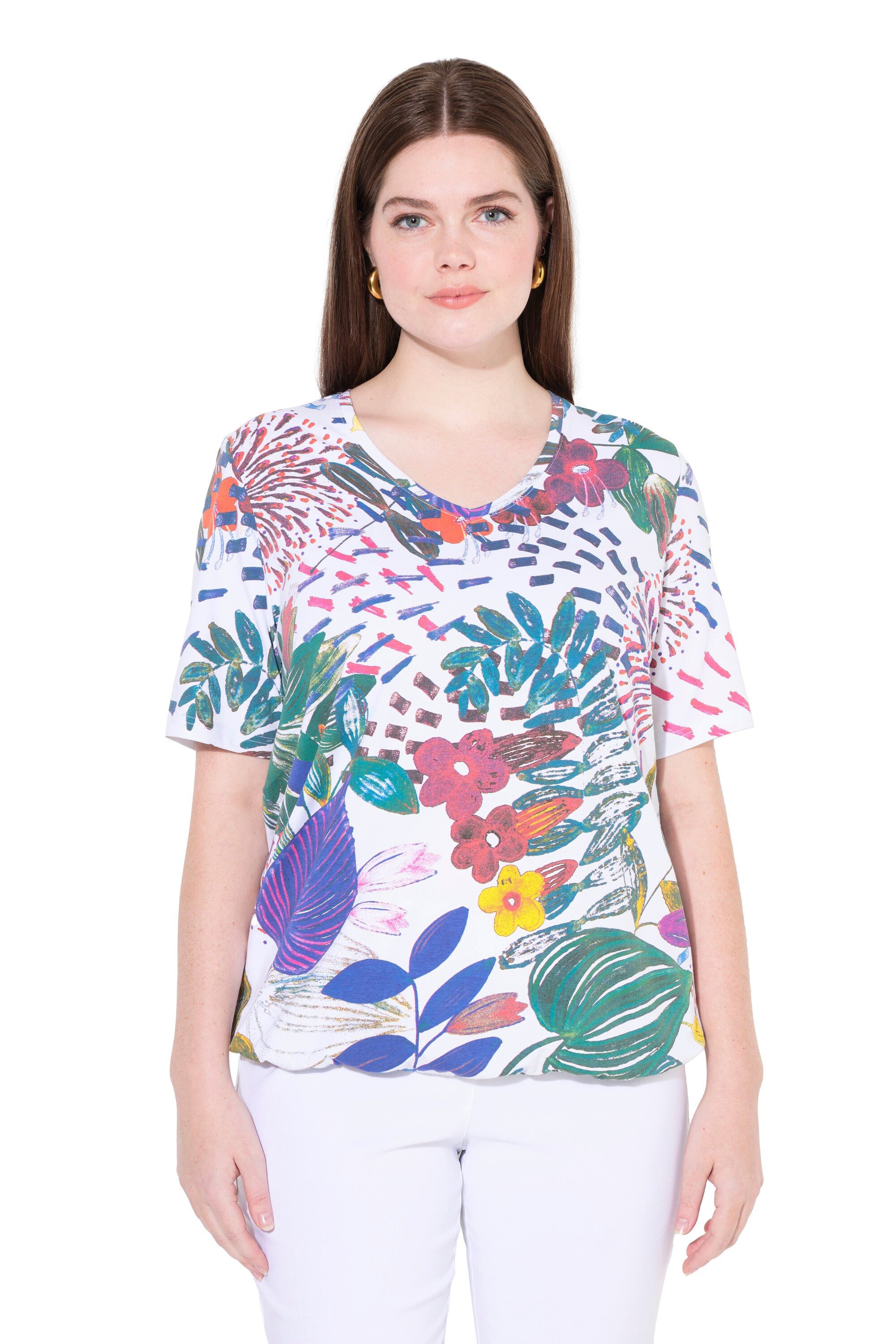 Ulla Popken T-Shirt T-Shirt Gummisaum V-Ausschnitt günstig online kaufen