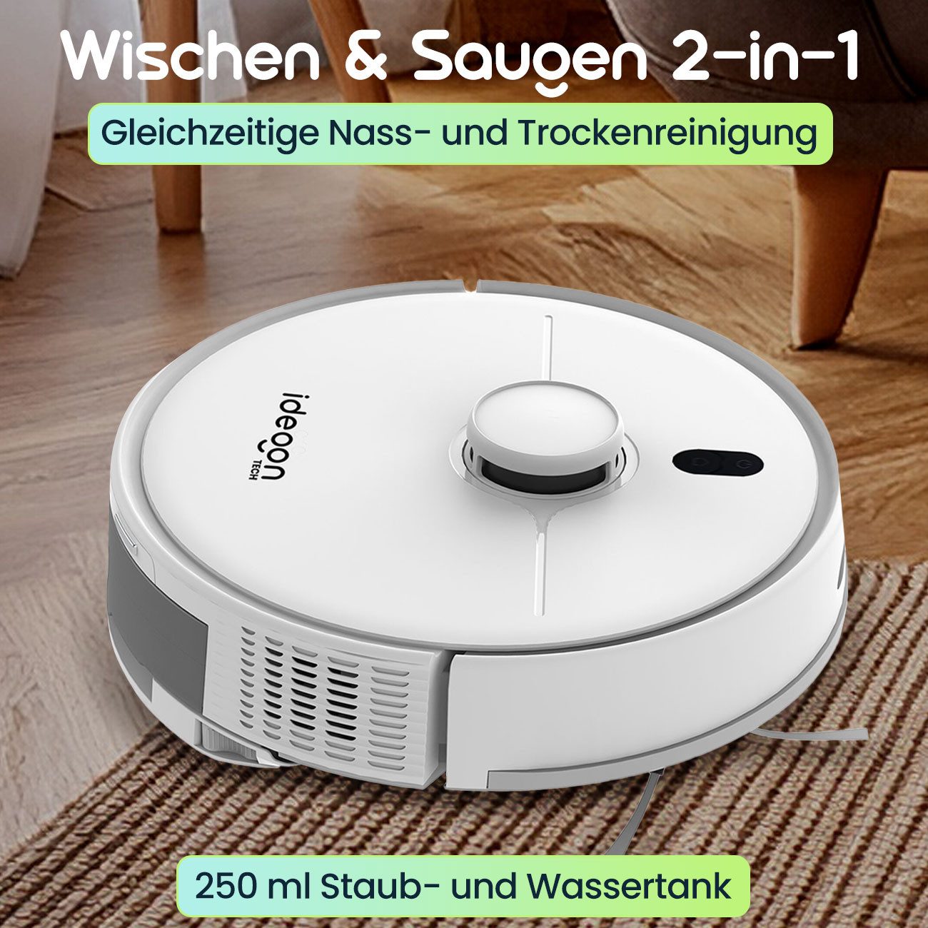 shop'n smile ideoon Saugroboter Ultimativer Saug Wisch Roboter 6000 Pa 2-in-1 Wischfunktion kabellos, 600 W, mit Beutel, Laser-Navigation 5.000 mAh Lithium-Ionen-Akku Wassertank 250 ml