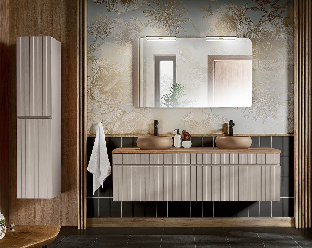 einfachgutemoebel Waschtisch-Set Badezimmer KARATA 160cm Set 3-tlg., mit Aufsatzbecken, kaschmir grey, (Badmöbel Set, 1-St., Waschtisch Set 3-tlg)