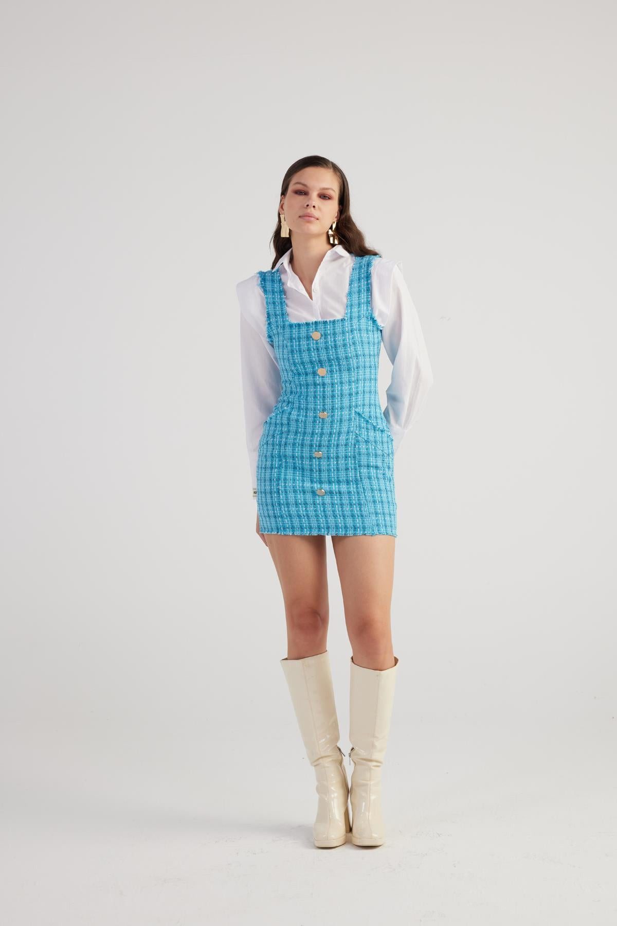 HOLLY LOLLY Midikleid Mini-Tweed-Kleid mit Metallknöpfen