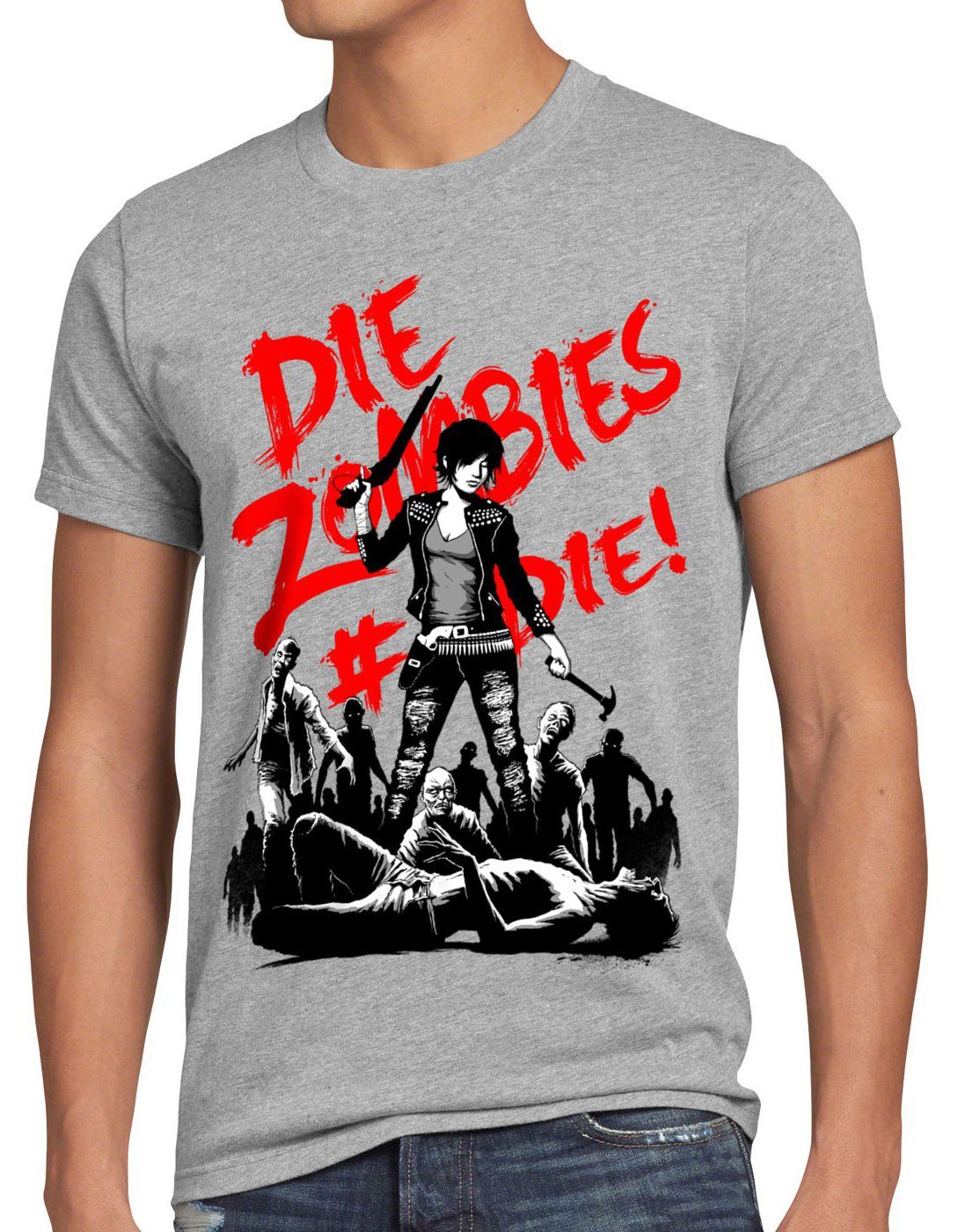 style3 Print-Shirt Zombie halloween meliert T-Shirt horror walking daryl grau axt dixon the shotgun dead Herren