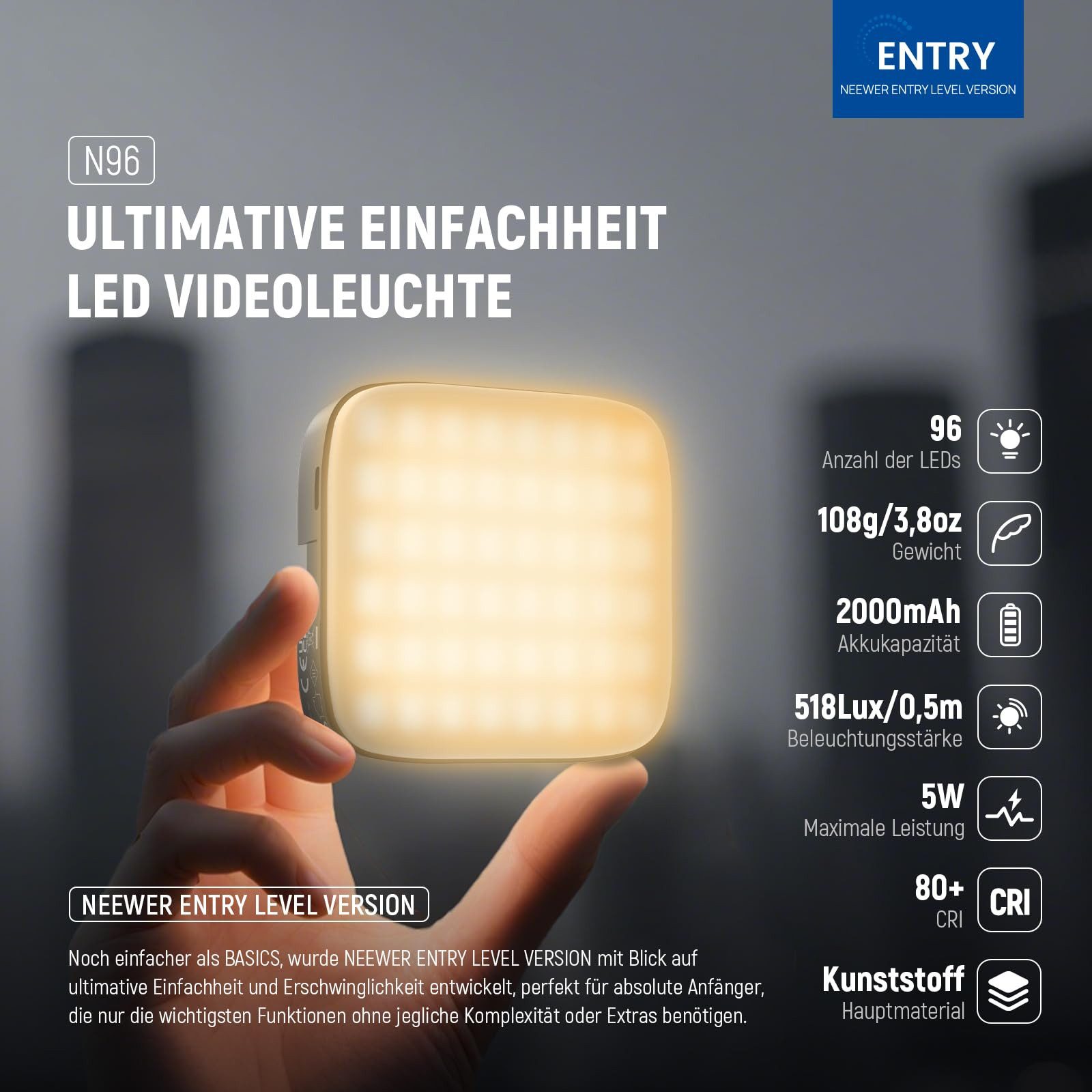 Neewer Videoleuchte N96 Magnetisches LED Videolicht 96 LEDs, 3000K-9000K, 2000mAh, zweifarbig Clip On Videoleuchte für Videoaufnahme Selfie Licht – Bild 2 von 5