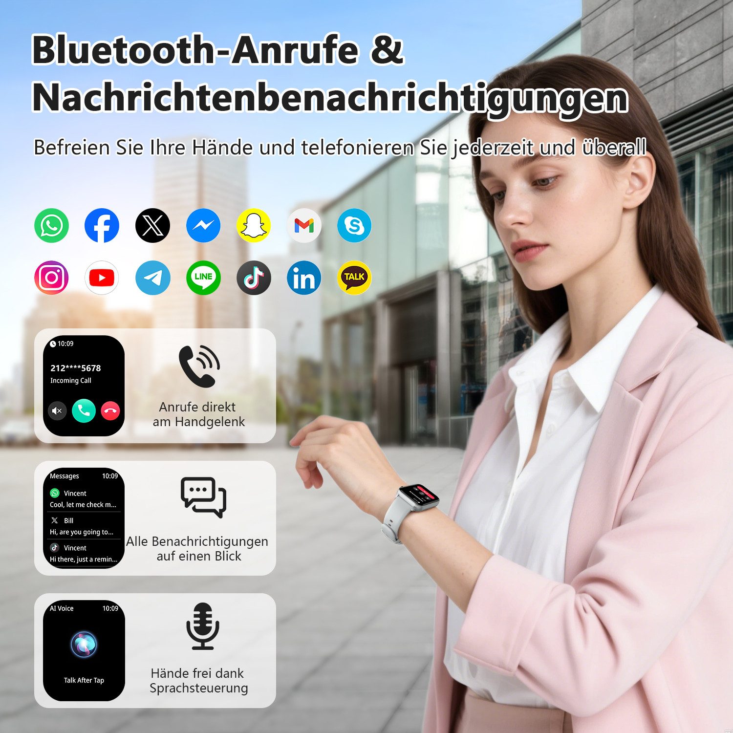 IOWODO Smartwatch Damen Herren 1,91" HD Touch, mit LED Lampe& Bluetooth Anruf Smartwatch, mit Wechselband aus weichem Silikon und Ladekabel, 5 Tage Akku,350 mAh,SpO₂/HR/Schlaf,App-Fitnesskurse,Schrittzähler,IP68