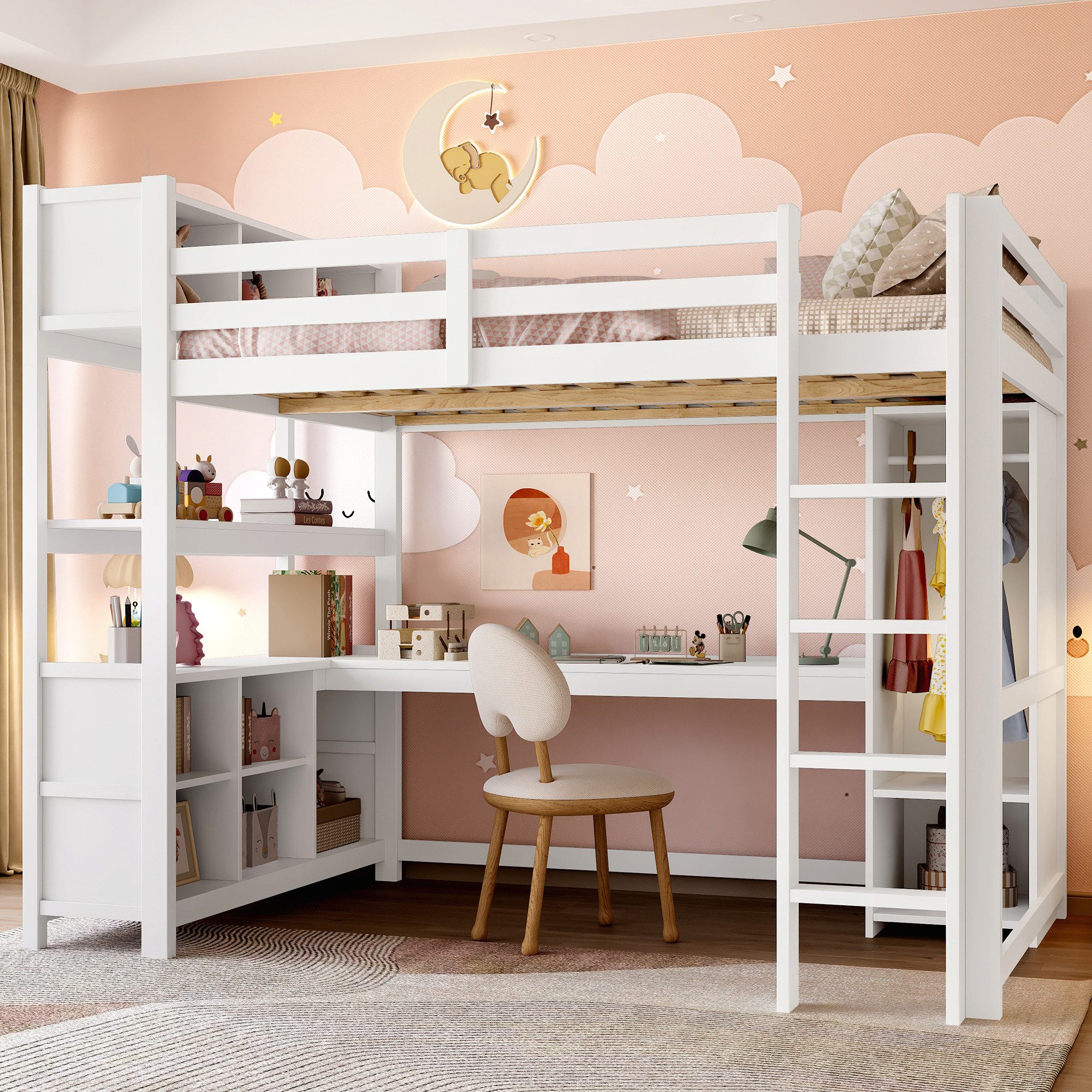 Flieks Hochbett Kinderbett 140x200cm mit Schreibtisch, Stauraumfächer, Kleiderschrank