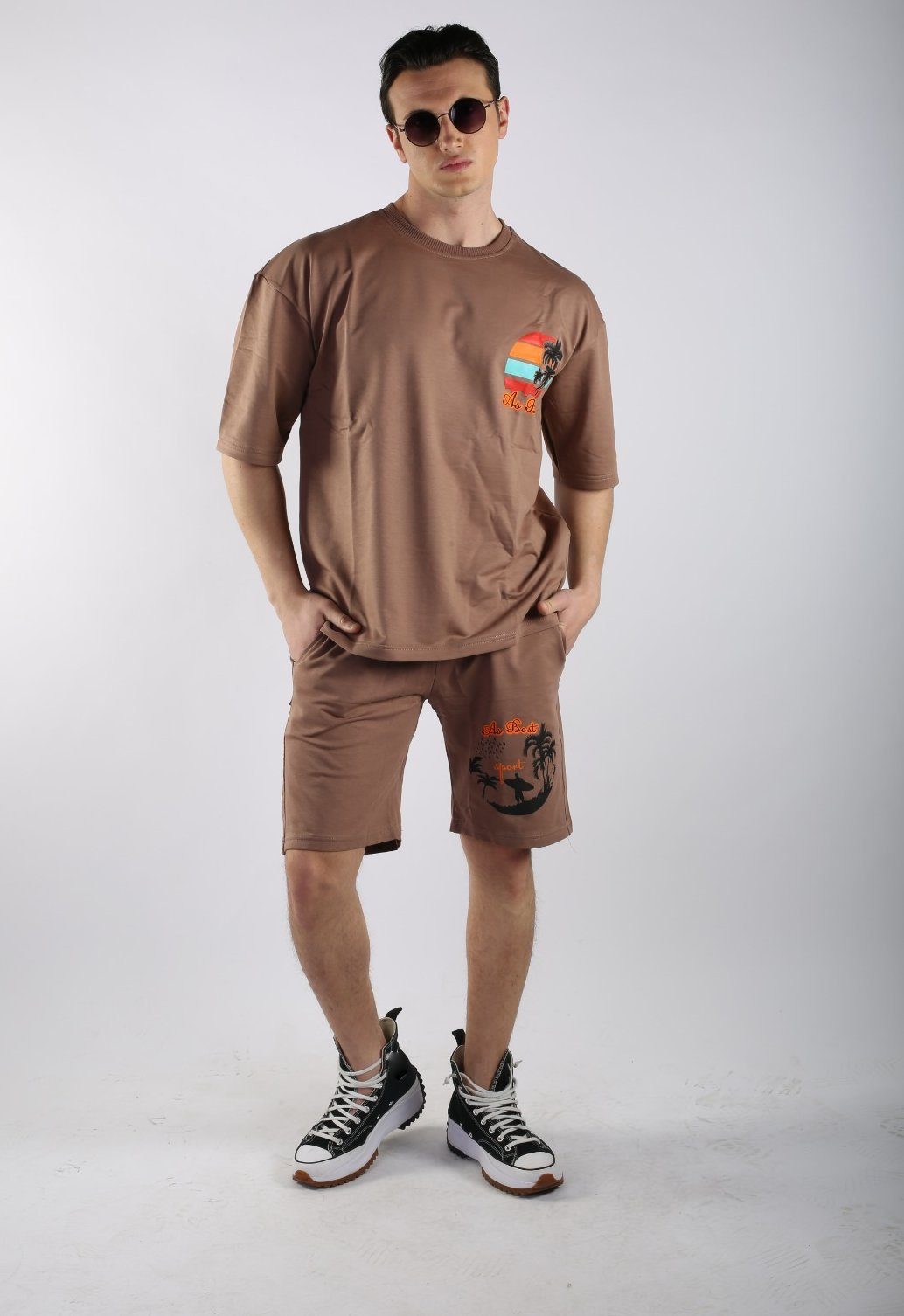 Regulärer Versandhandel ALGINOO T-Shirt & Shorts + Braun & T-Shirt T-Shirt Short) Shorts (Set