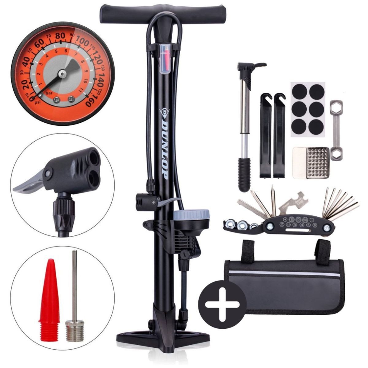 Dunlop Fahrradpumpe Dunlop Fahrradpumpe mit Manometer und Fahrrad Reparaturset