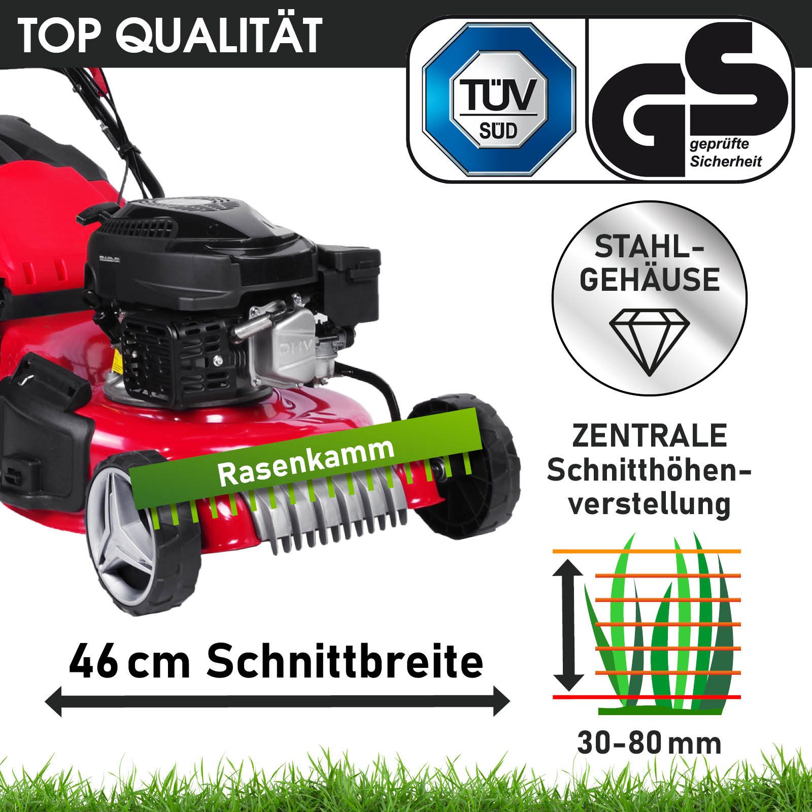 BRAST Benzinrasenmäher 4,76PS RED LINE mit Antrieb, 46 cm Schnittbreite, TÜV geprüft, 4 Takt OHV Motor, 60L Fangkorb, massives Stahlgehäuse