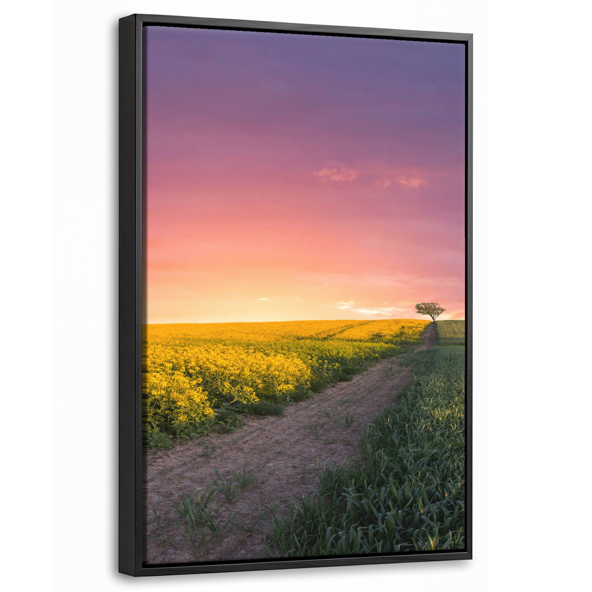 OneMillionCanvasses® Leinwandbild mit Rahmen - Blumen - Straße - Himmel - Gelb - Lila - Sonnenuntergang, Fotodruck (1 St), Deko für Wohnzimmer Schlafzimmer Küche 20x30cm
